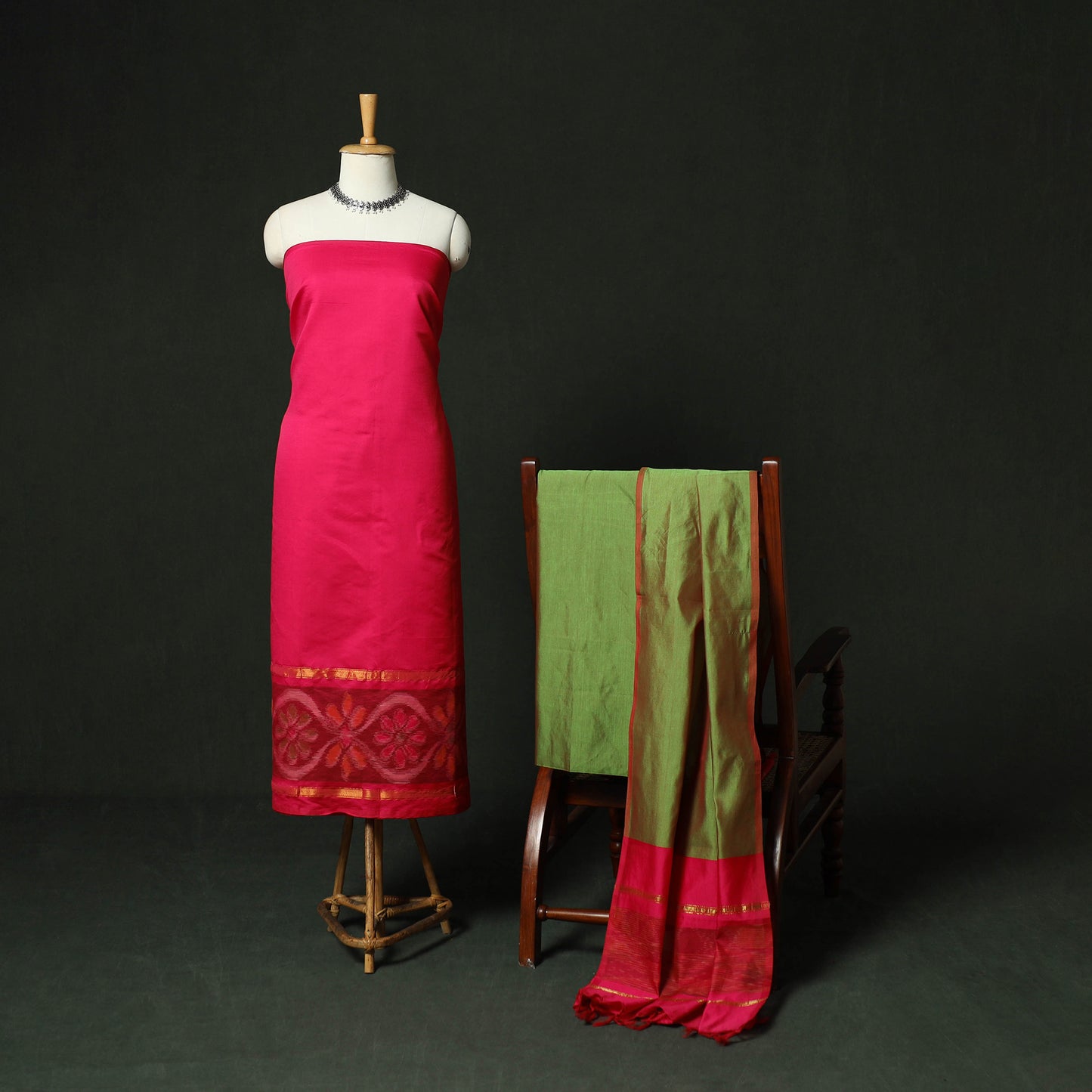Pink - Pochampally Ikat Silk Cotton 3pc Unstitched Dress Material Suit Set 17