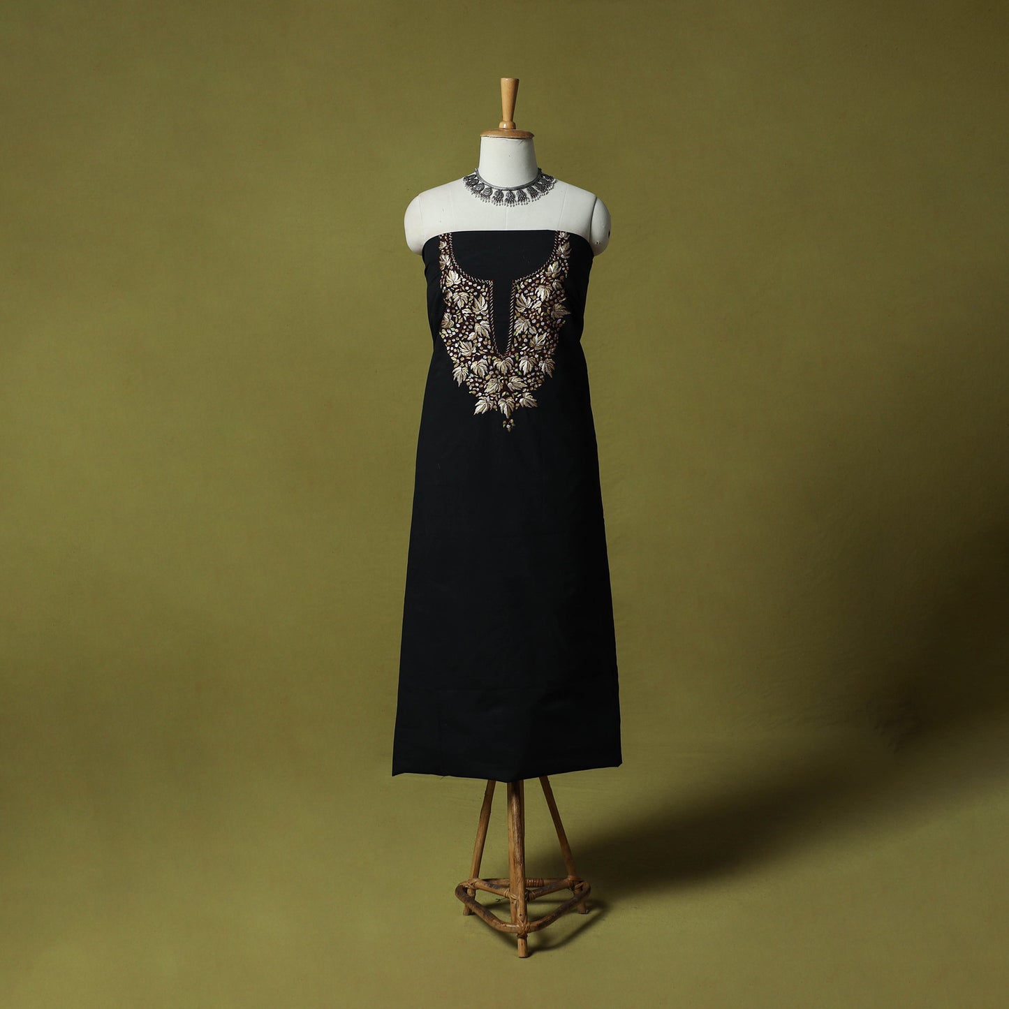Black - Hand Embroidered Cotton Kashida 2pc Unstitched Dress Material Kurta Set 36