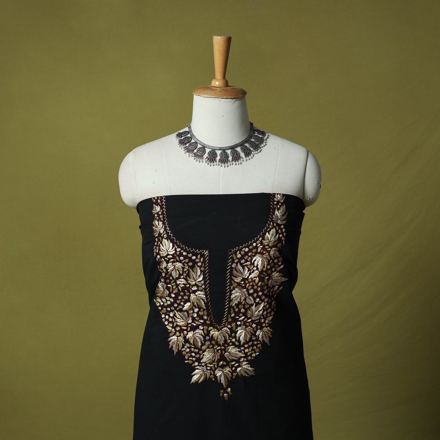 Black - Hand Embroidered Cotton Kashida 2pc Unstitched Dress Material Kurta Set 36
