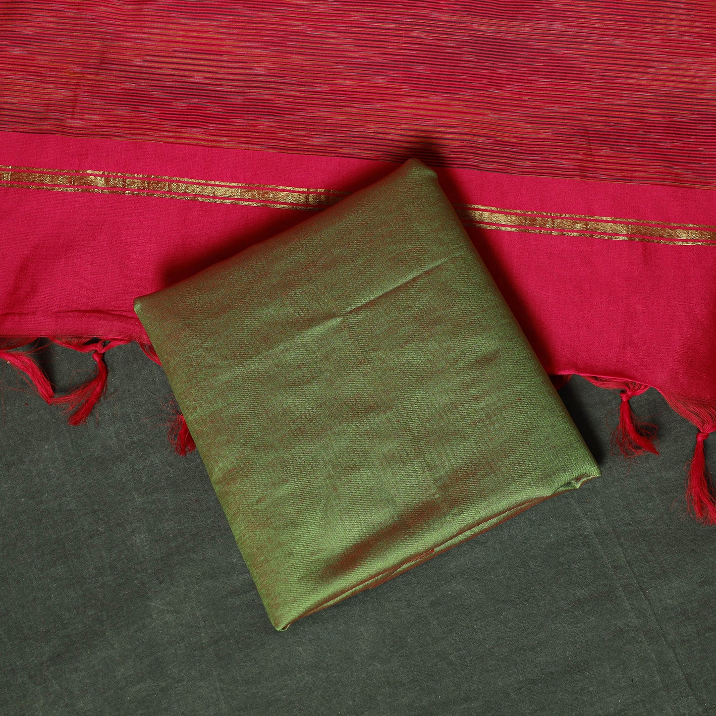 Pink - Pochampally Ikat Silk Cotton 3pc Unstitched Dress Material Suit Set 17