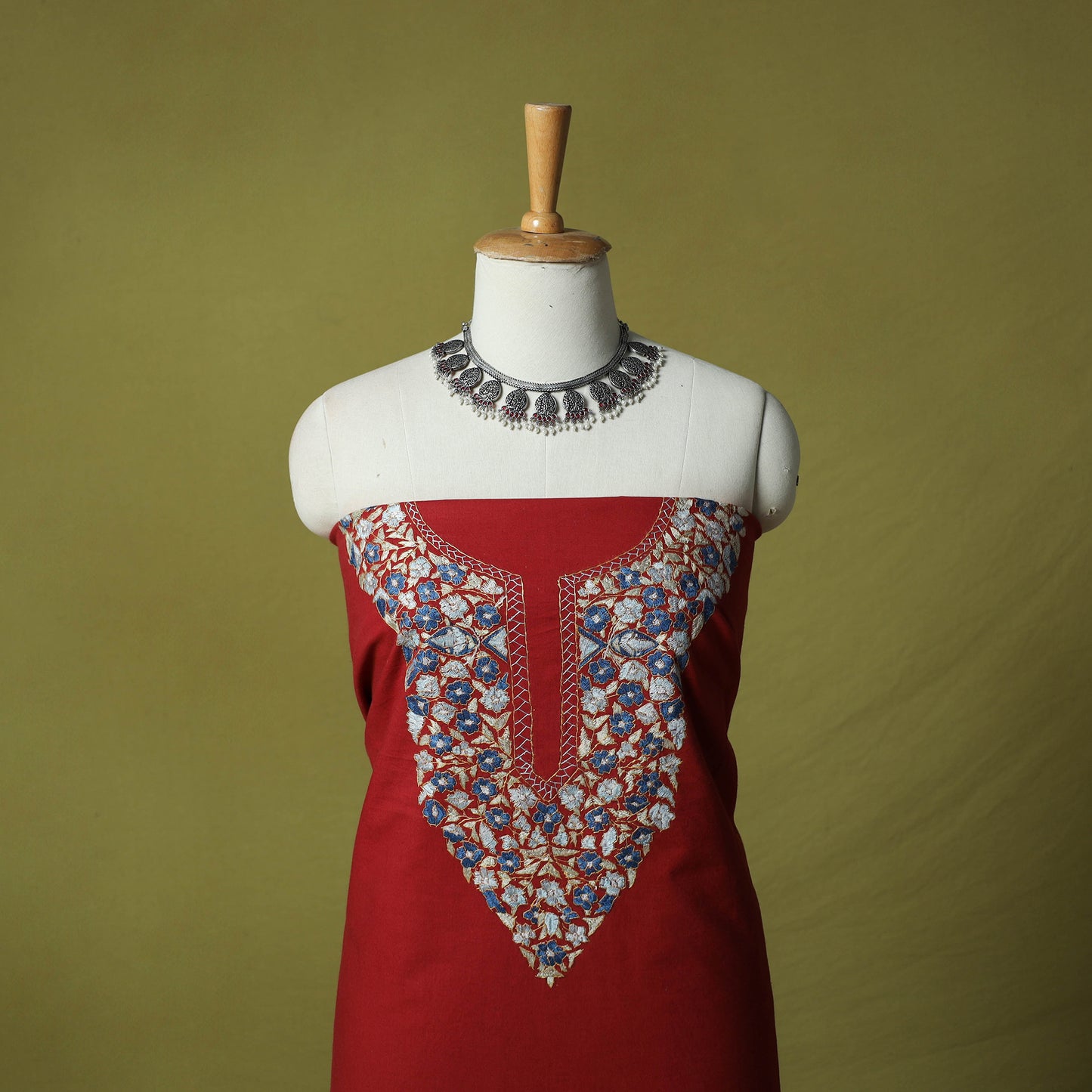 Red - Hand Embroidered Cotton Kashida 2pc Unstitched Dress Material Kurta Set 37