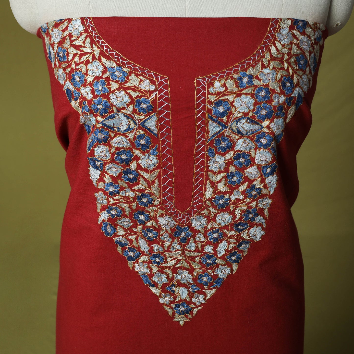 Red - Hand Embroidered Cotton Kashida 2pc Unstitched Dress Material Kurta Set 37
