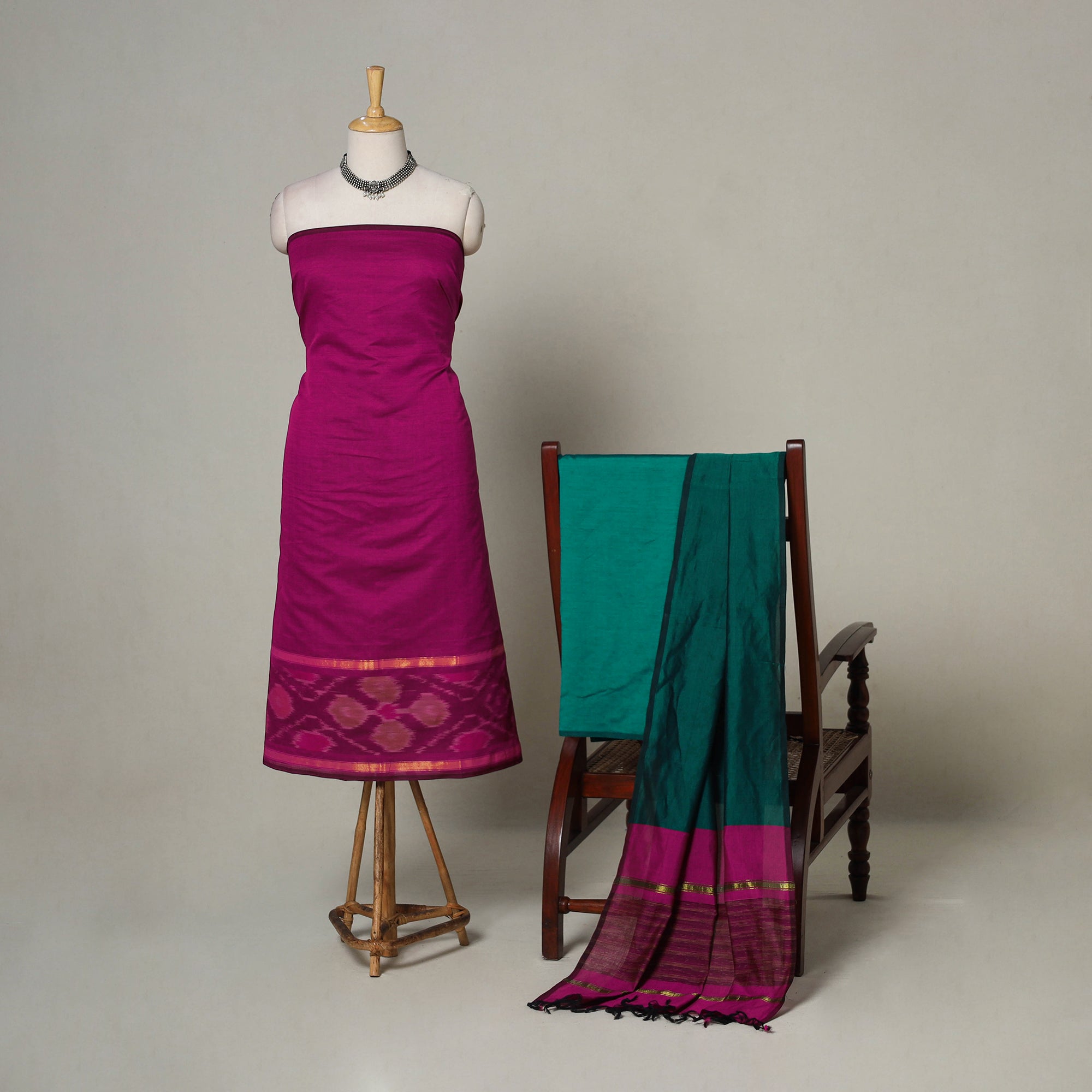 Brown - 2pc Unstitched Pochampally Ikat Dress Material with Jewellery Set 07