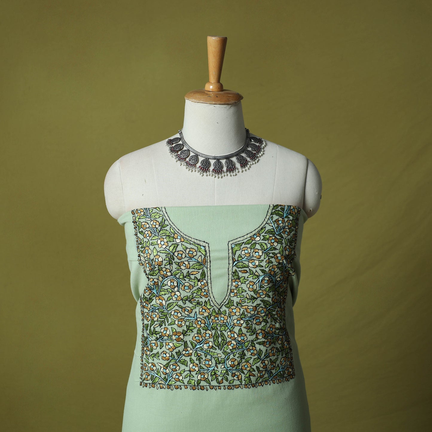Green - Hand Embroidered Cotton Kashida 2pc Unstitched Dress Material Kurta Set 39