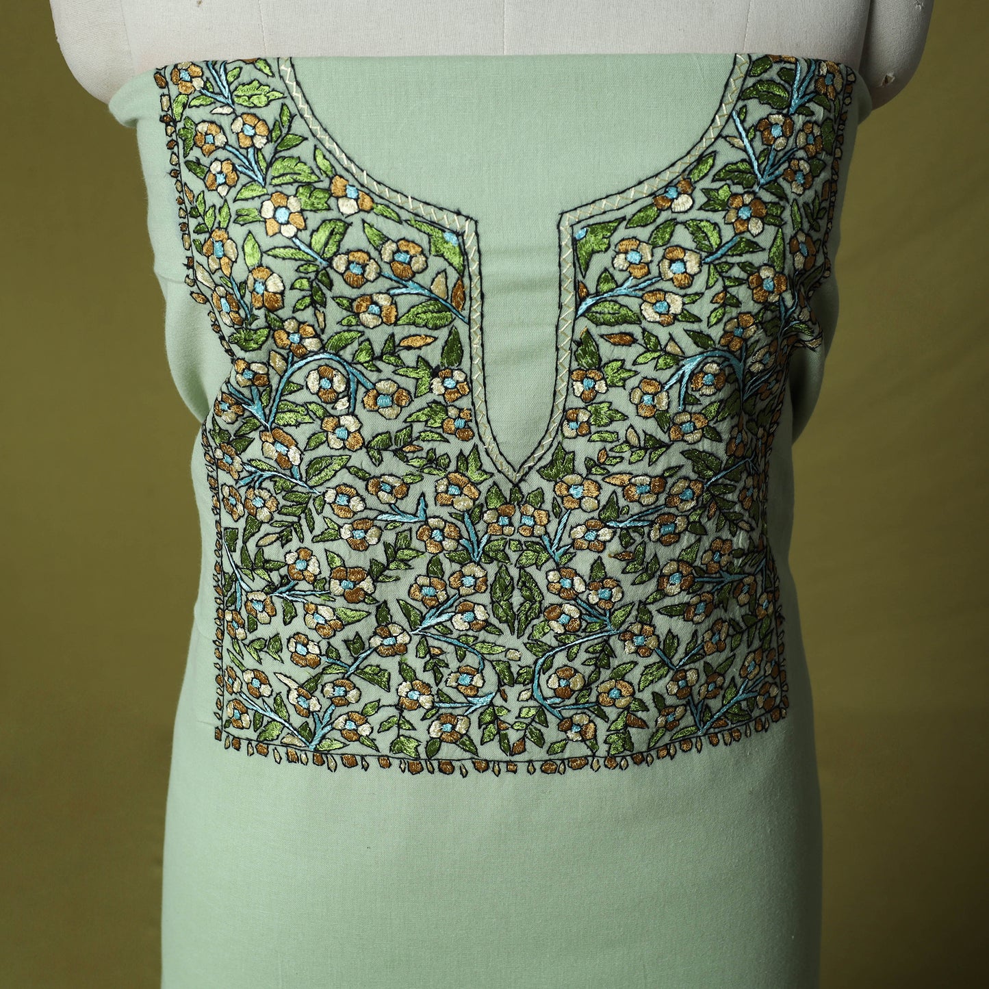Green - Hand Embroidered Cotton Kashida 2pc Unstitched Dress Material Kurta Set 39