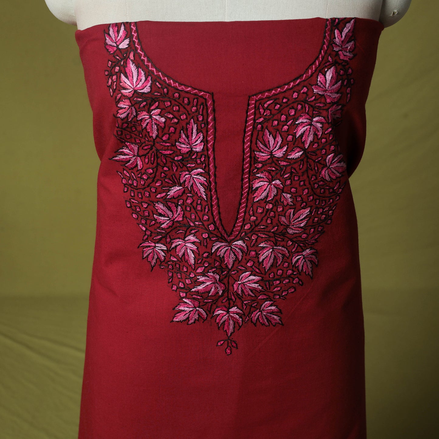 Red - Hand Embroidered Cotton Kashida 2pc Unstitched Dress Material Kurta Set 42