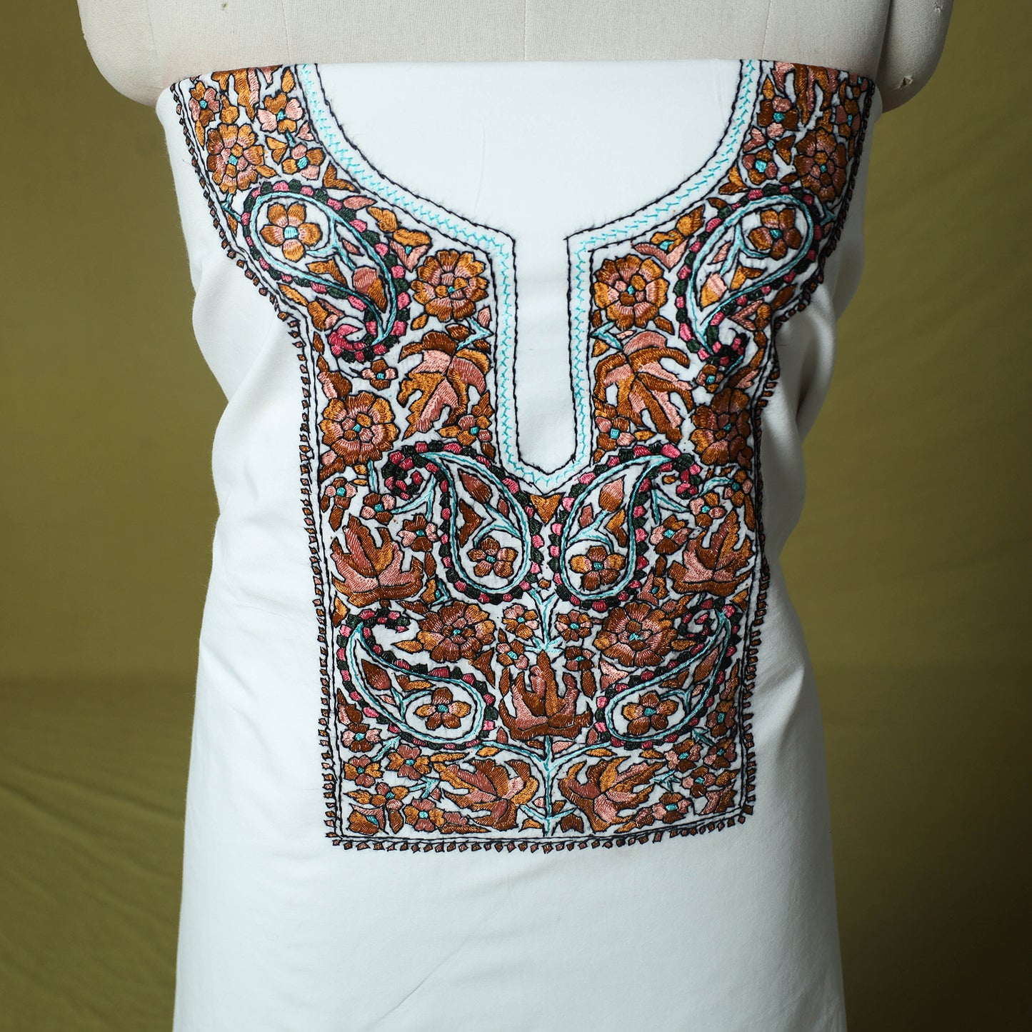 White - Hand Embroidered Cotton Kashida 2pc Unstitched Dress Material Kurta Set 43