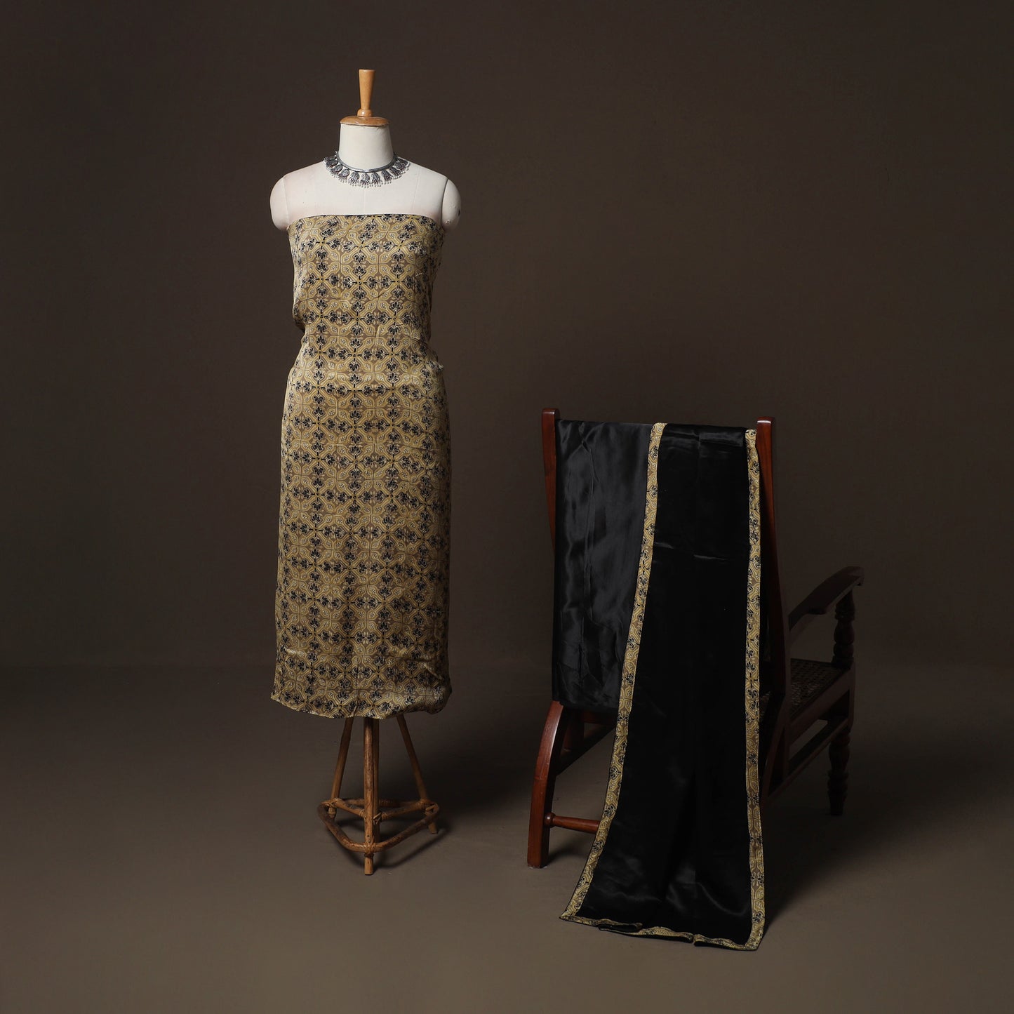 Beige - Ajrakh Block Print 3pc Natural Dyed Modal Silk Unstitched Dress Material Suit Set 03