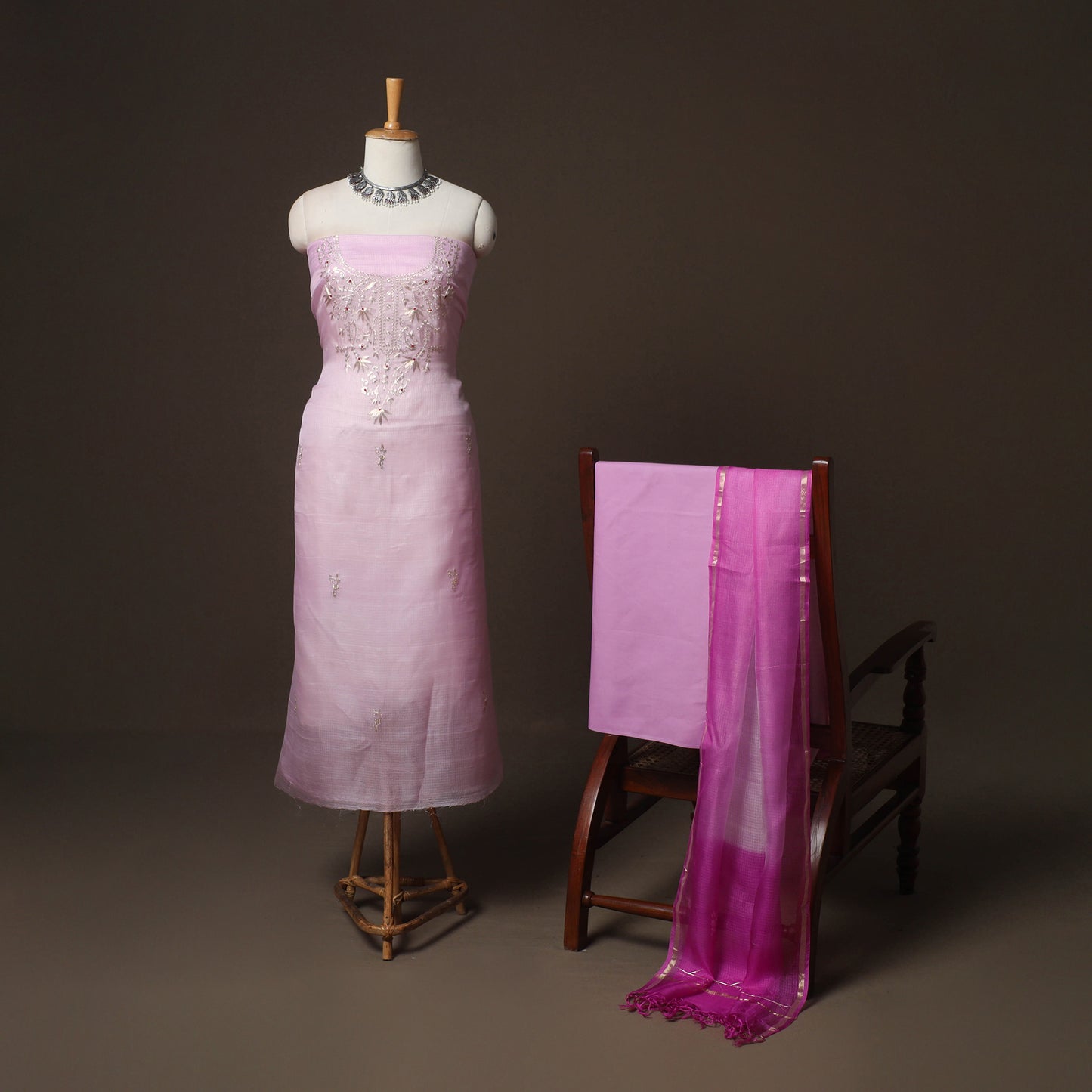 Purple - 3pc Pitta Work Kota Doria Silk Unstitched Dress Material Suit Set 02