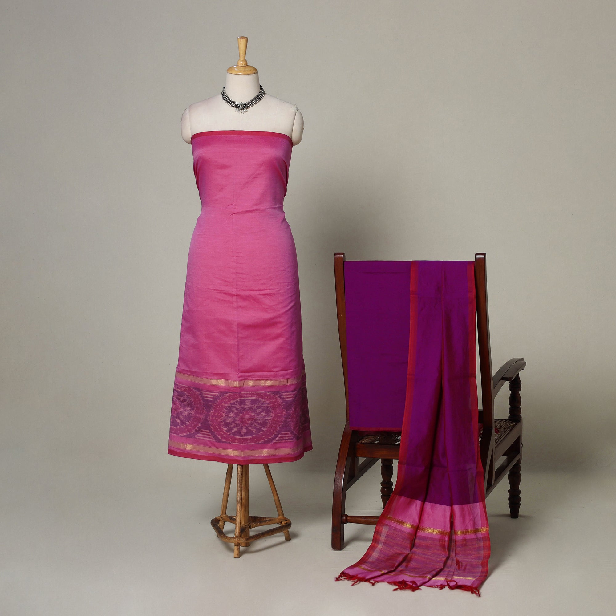 Pink 3pc Handloom Silk Cotton Unstitched Pochampally Ikat Dress