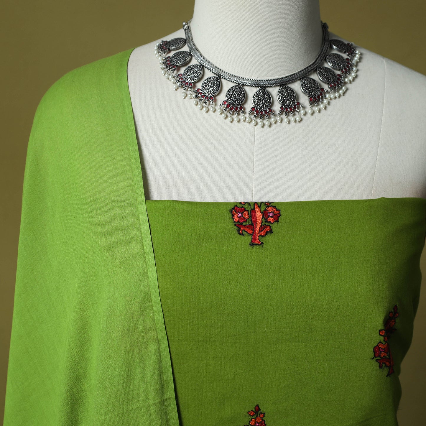 Green - Hand Embroidered Cotton Kashida 3pc Unstitched Dress Material Suit Set 47