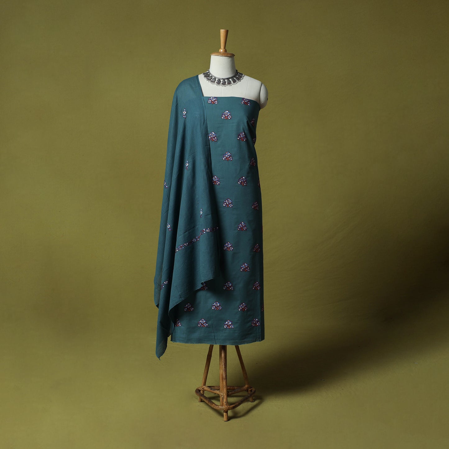 Blue - Hand Embroidered Cotton Kashida 3pc Unstitched Dress Material Suit Set 48