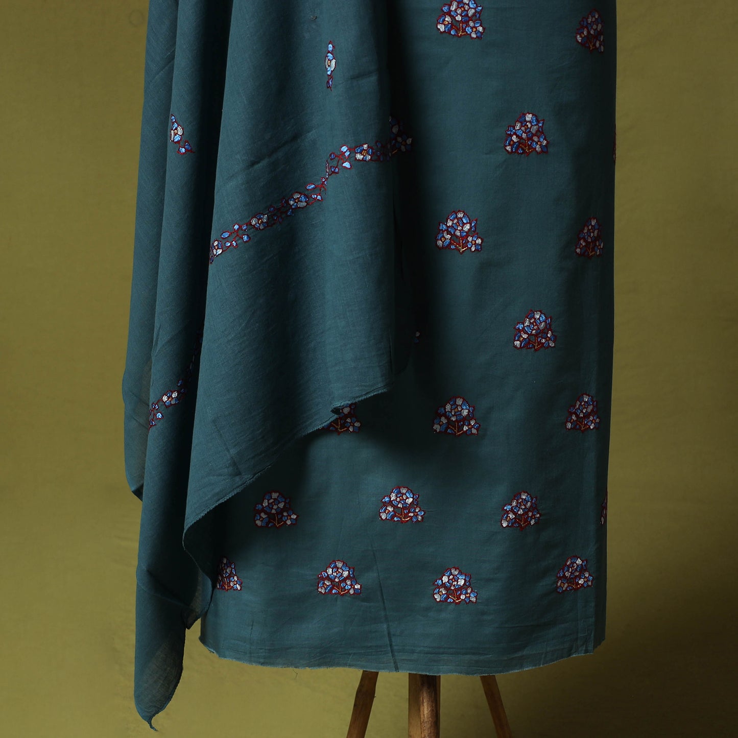 Blue - Hand Embroidered Cotton Kashida 3pc Unstitched Dress Material Suit Set 48