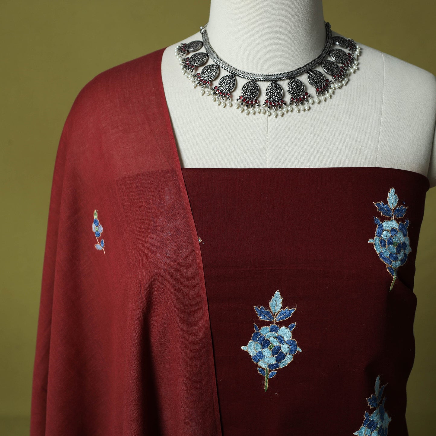 Maroon - Hand Embroidered Cotton Kashida 3pc Unstitched Dress Material Suit Set 51