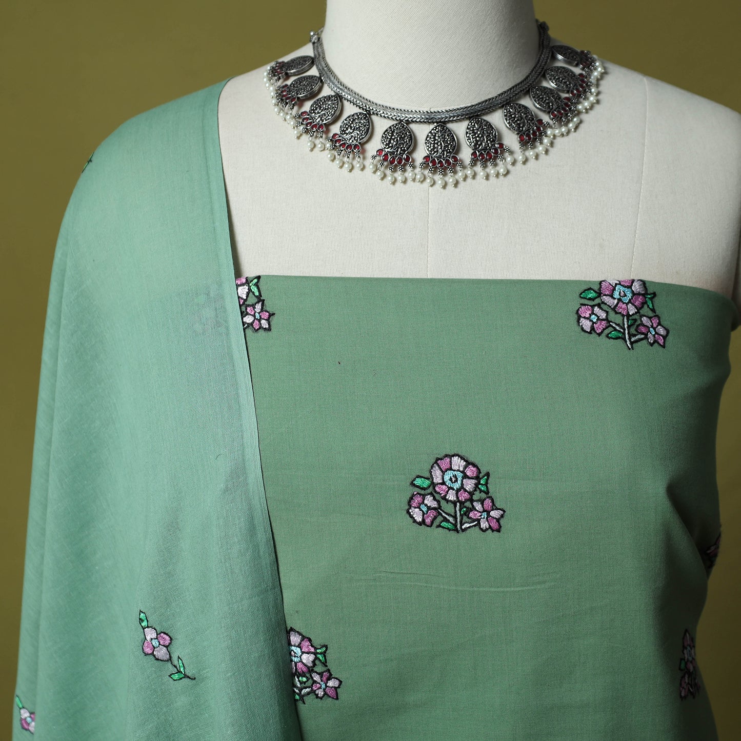 Green - Hand Embroidered Cotton Kashida 3pc Unstitched Dress Material Suit Set 53
