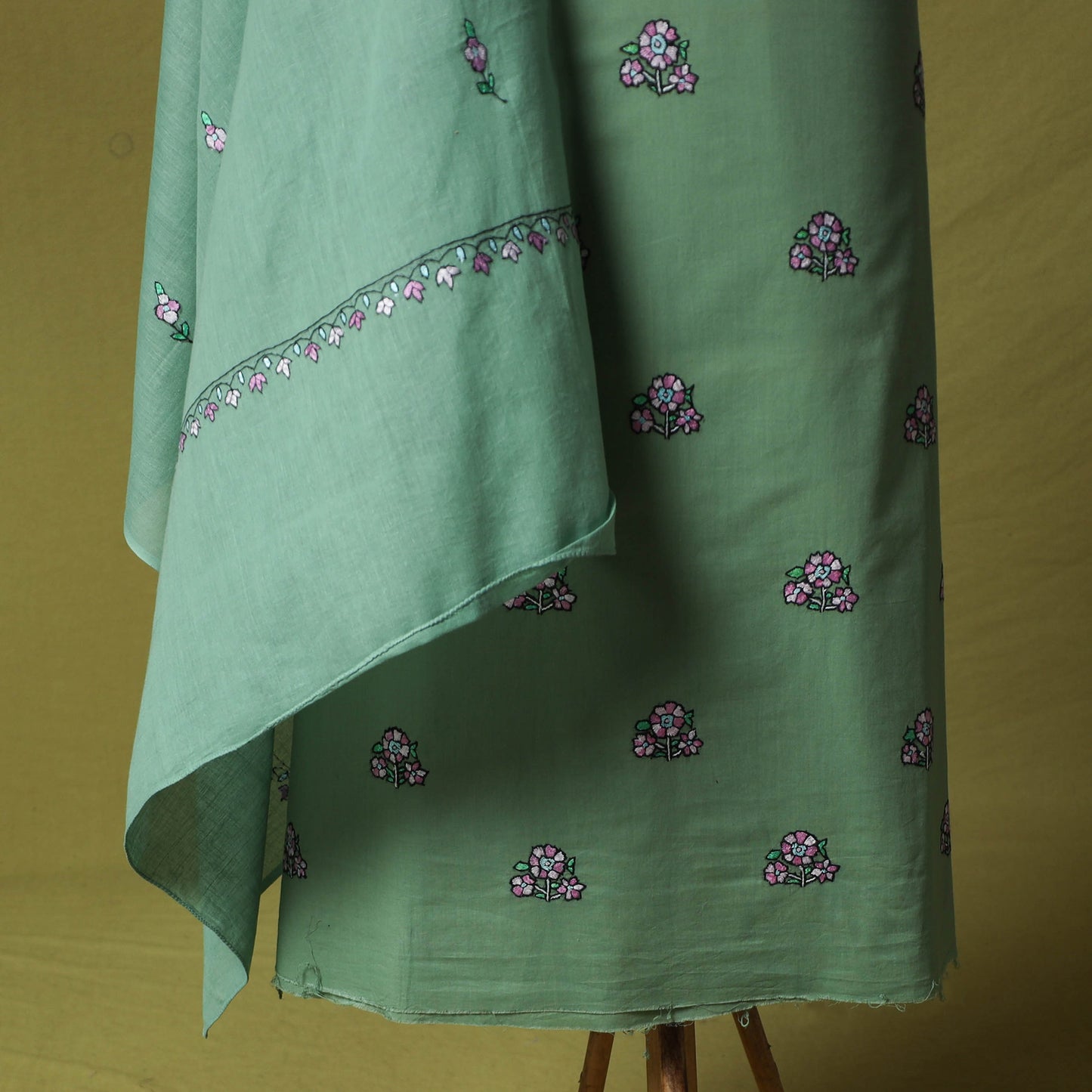 Green - Hand Embroidered Cotton Kashida 3pc Unstitched Dress Material Suit Set 53