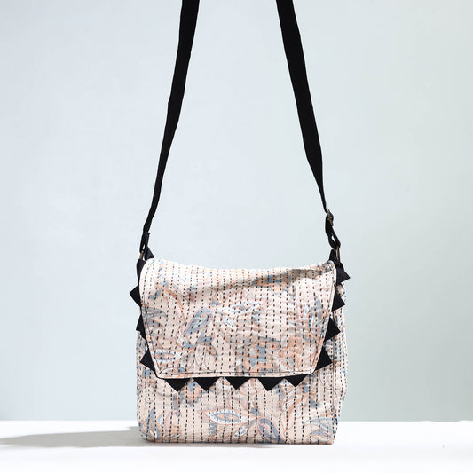 Beige - Jugaad Handmade Running Stitch Cotton Flap Sling Bag
