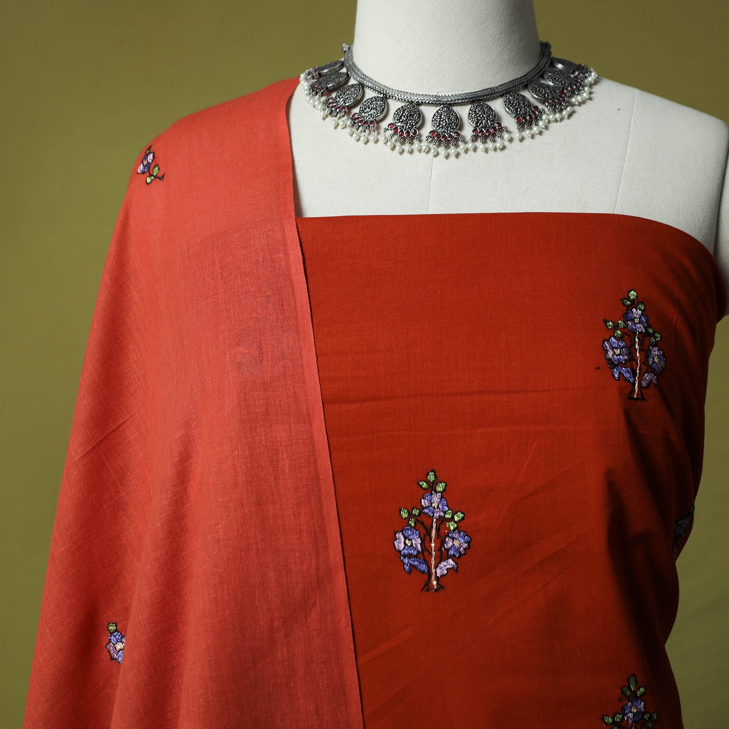 Red - Hand Embroidered Cotton Kashida 3pc Unstitched Dress Material Suit Set 54