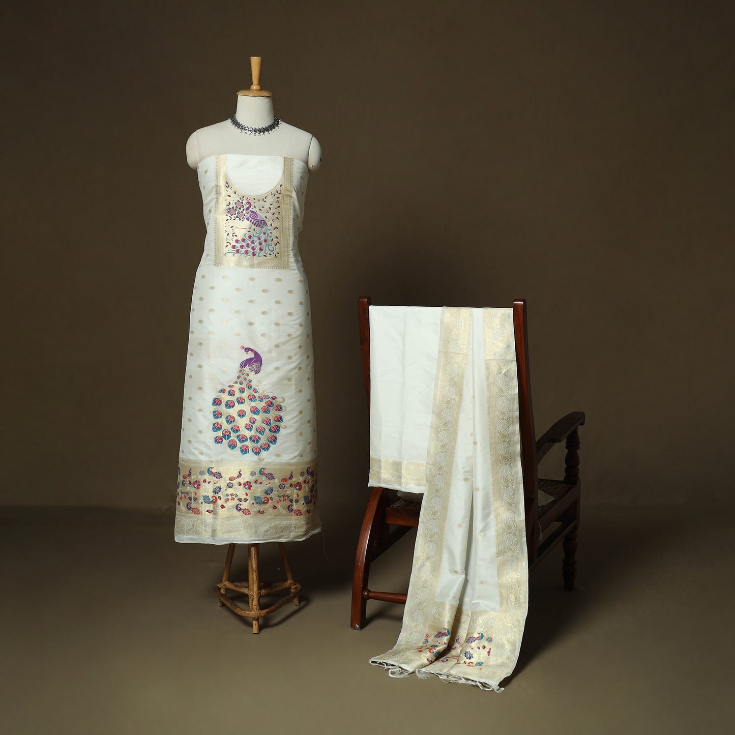 White - Bangalore Silk Paithani Weave 3pc Unstitched Dress Material Suit Set 02