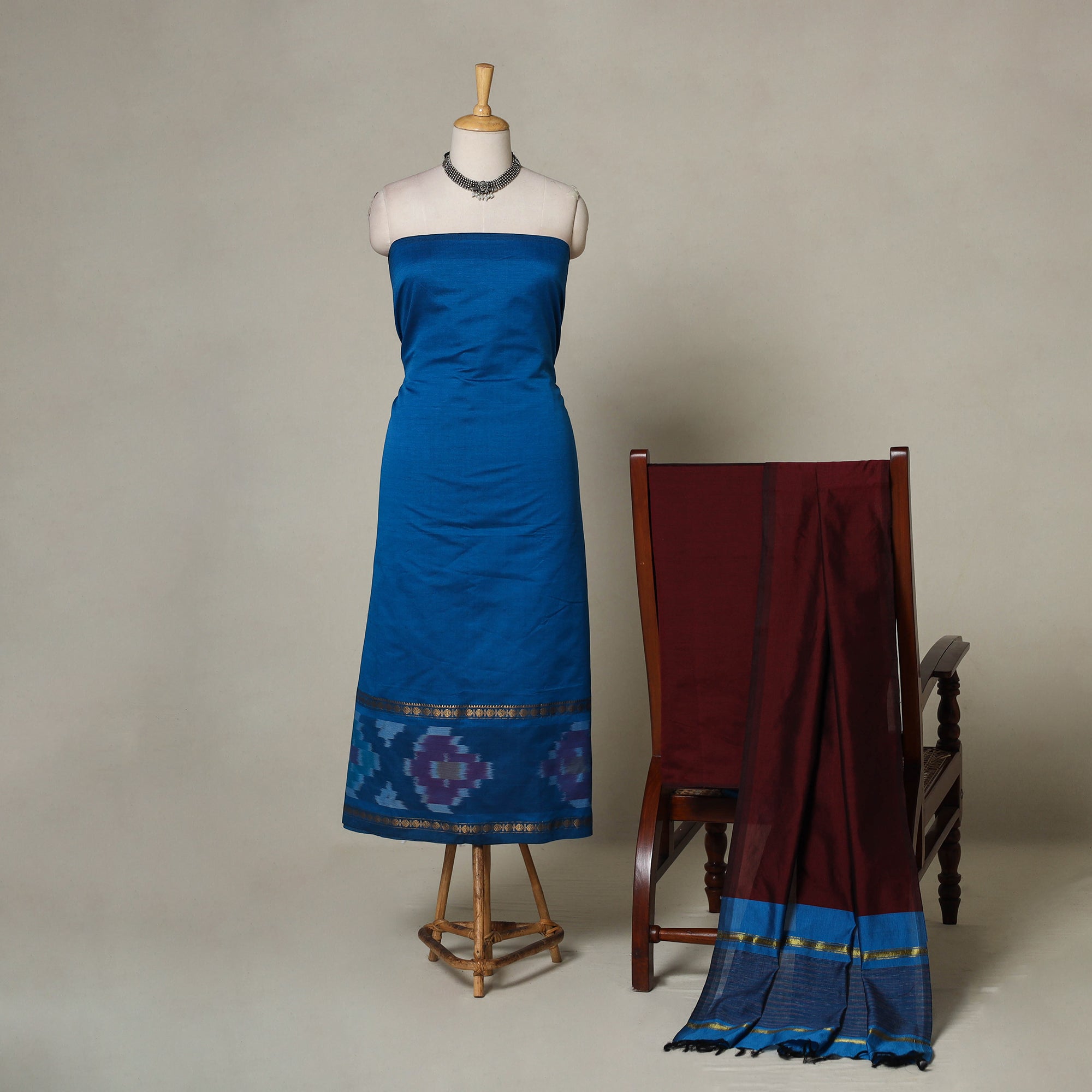 Blue 3pc Handloom Silk Cotton Unstitched Pochampally Ikat Dress