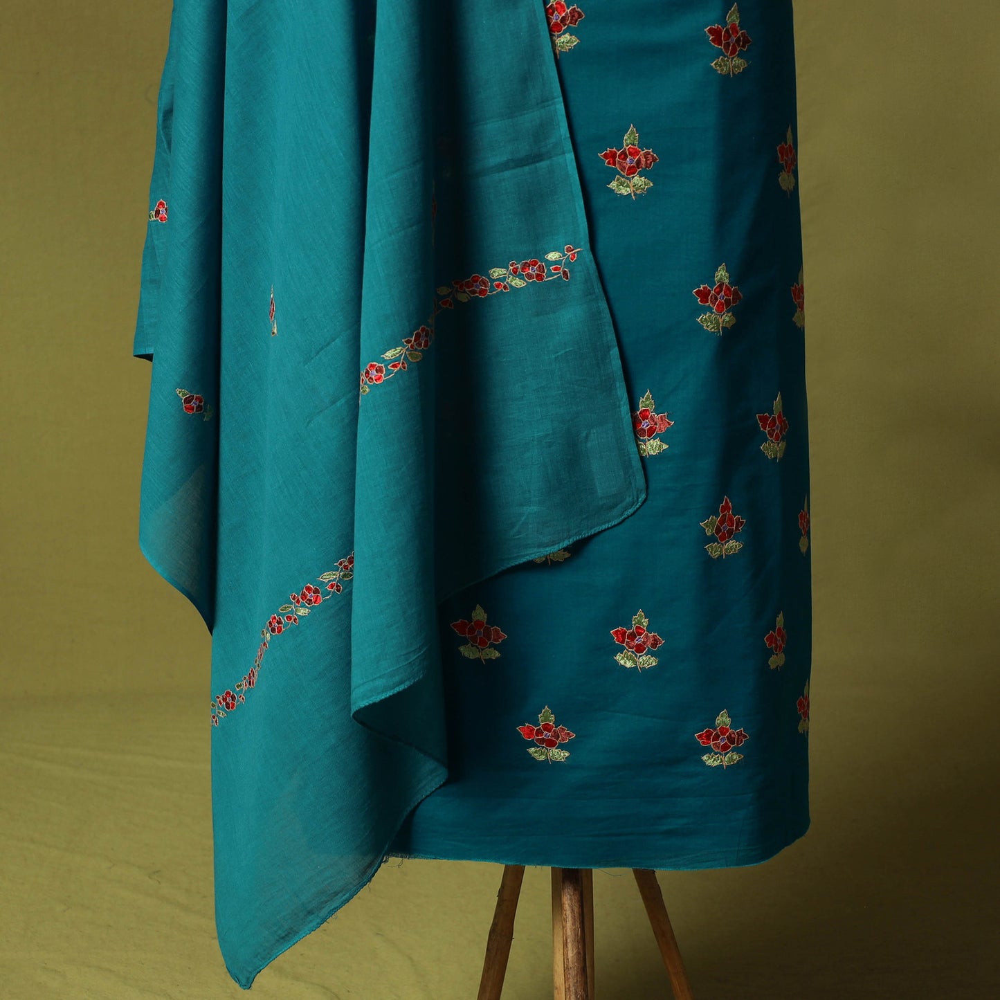Blue - Hand Embroidered Cotton Kashida 3pc Unstitched Dress Material Suit Set 55