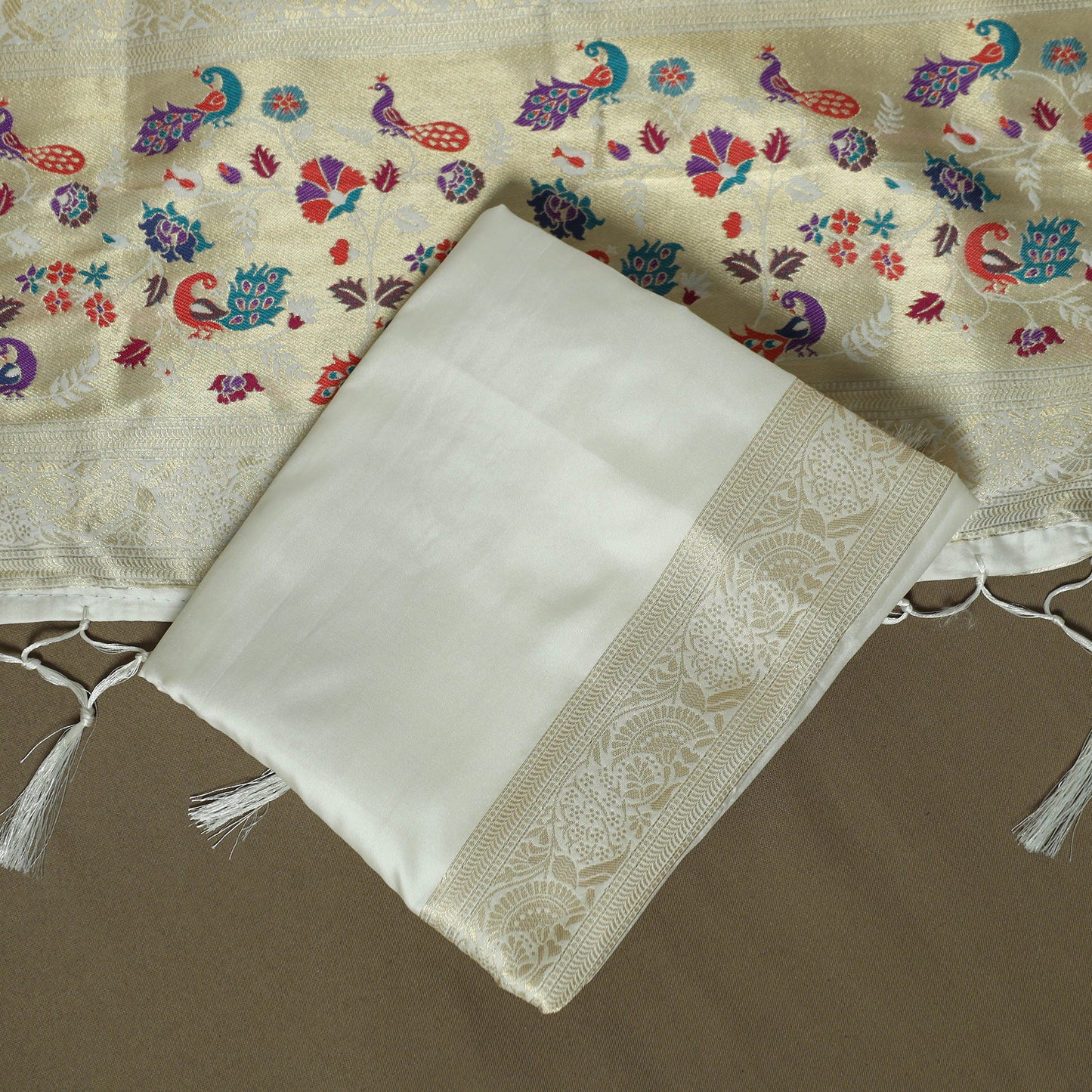 White - Bangalore Silk Paithani Weave 3pc Unstitched Dress Material Suit Set 02