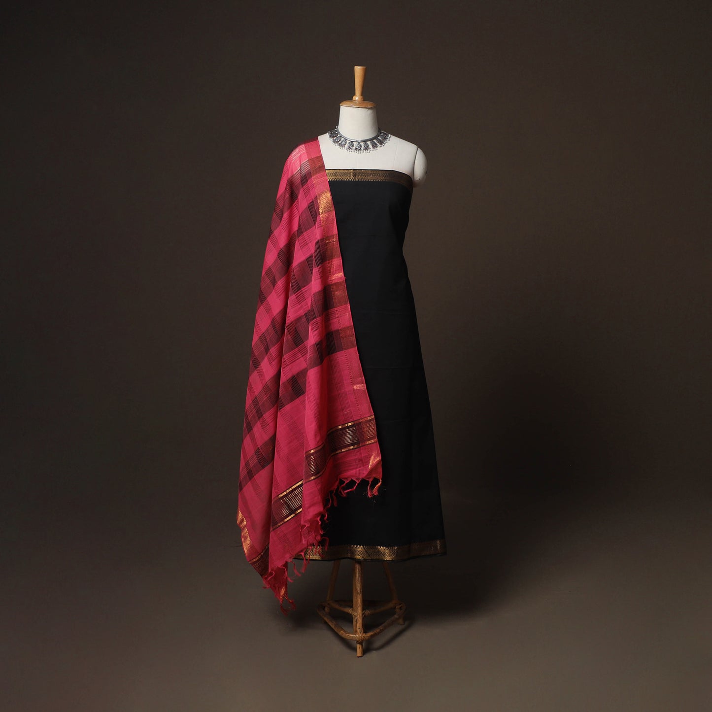 Black - Mangalagiri Handloom Cotton 3pc Unstitched Dress Material Suit Set 24