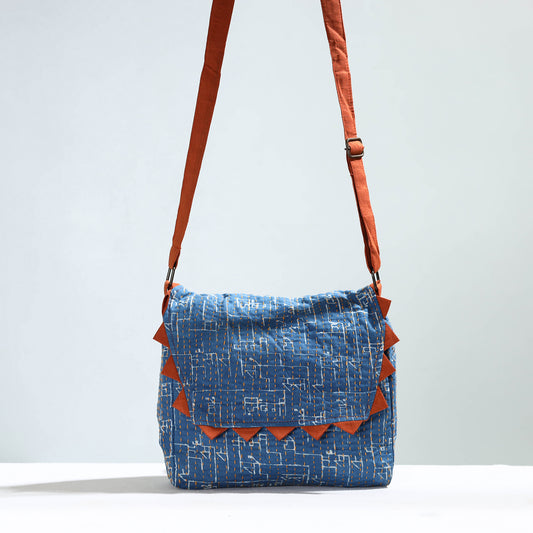 Blue - Jugaad Handmade Running Stitch Cotton Flap Sling Bag