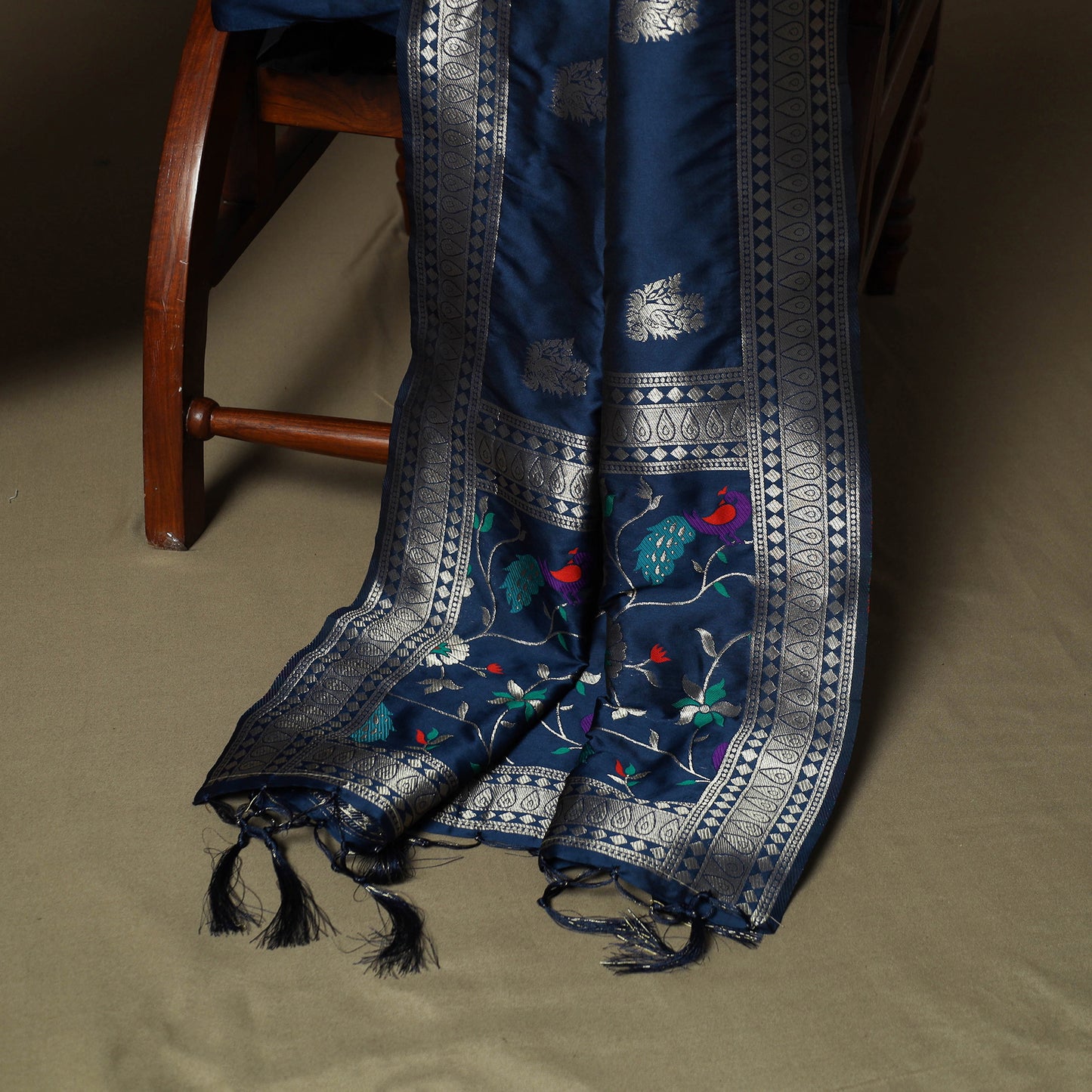 Blue - Bangalore Silk Paithani Weave 3pc Unstitched Dress Material Suit Set 05