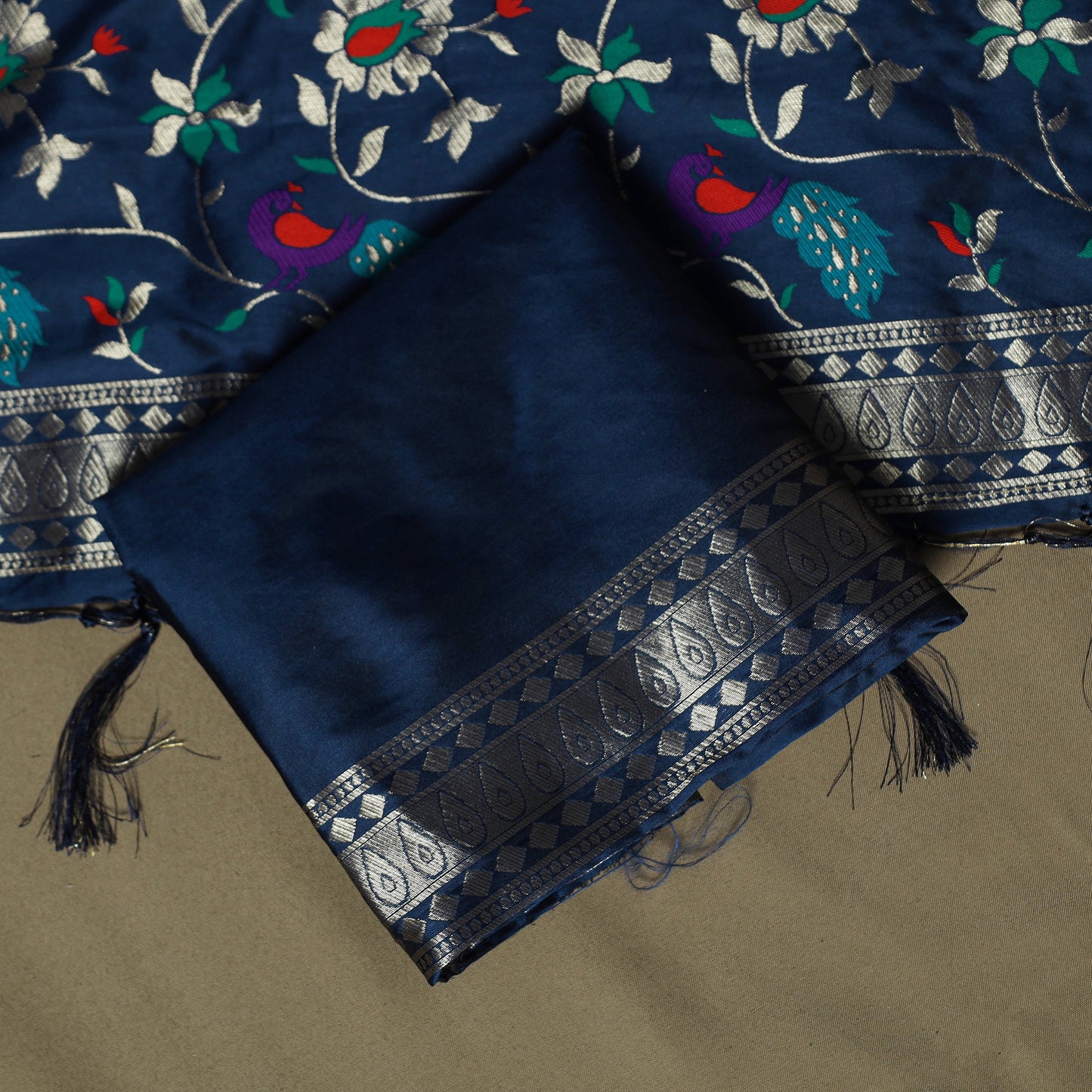 Blue - Bangalore Silk Paithani Weave 3pc Unstitched Dress Material Suit Set 05