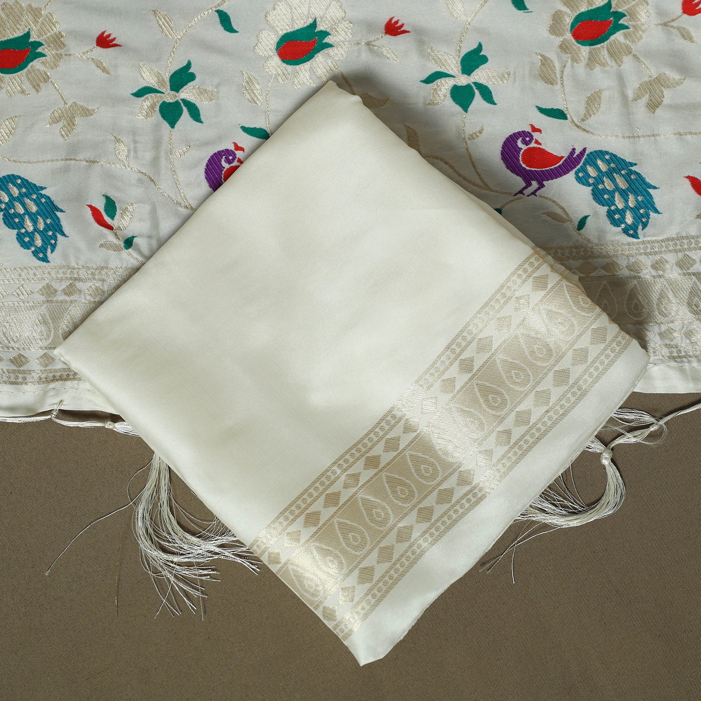 White - Bangalore Silk Paithani Weave 3pc Unstitched Dress Material Suit Set 06