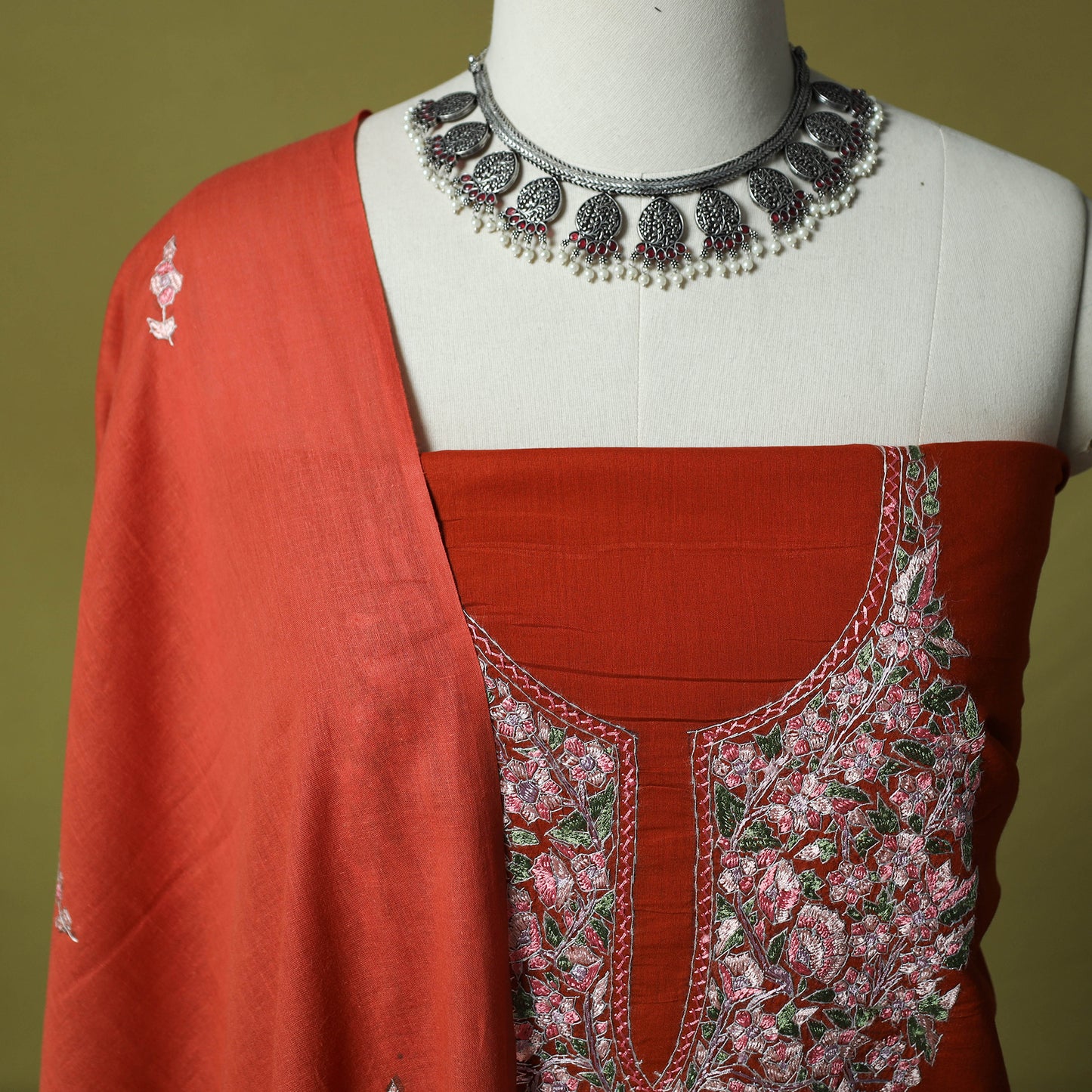 Hand Embroidered Cotton Kashida 3pc Unstitched Dress Material Suit Set 61