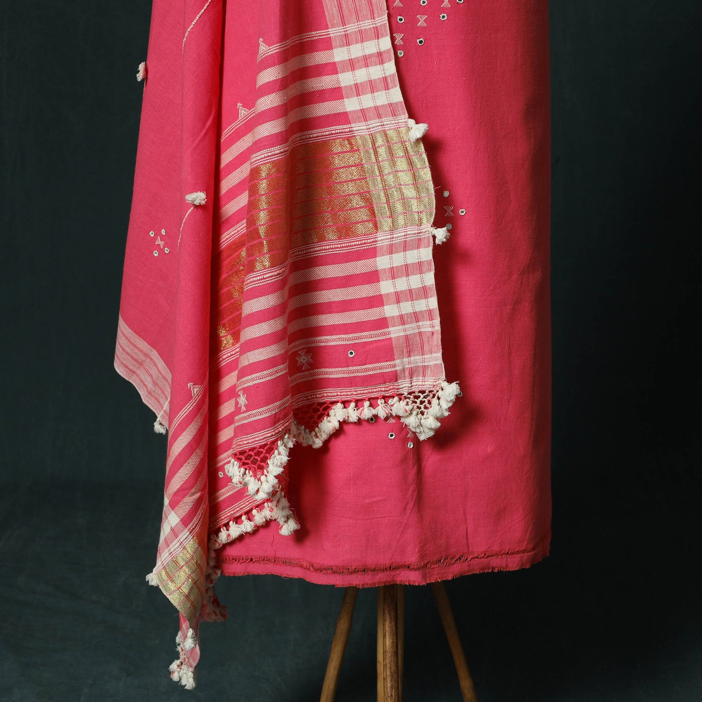 Pink - Kutch Bhujodi Handloom Kala Cotton 3pc Unstitched Dress Material Suit Set 07