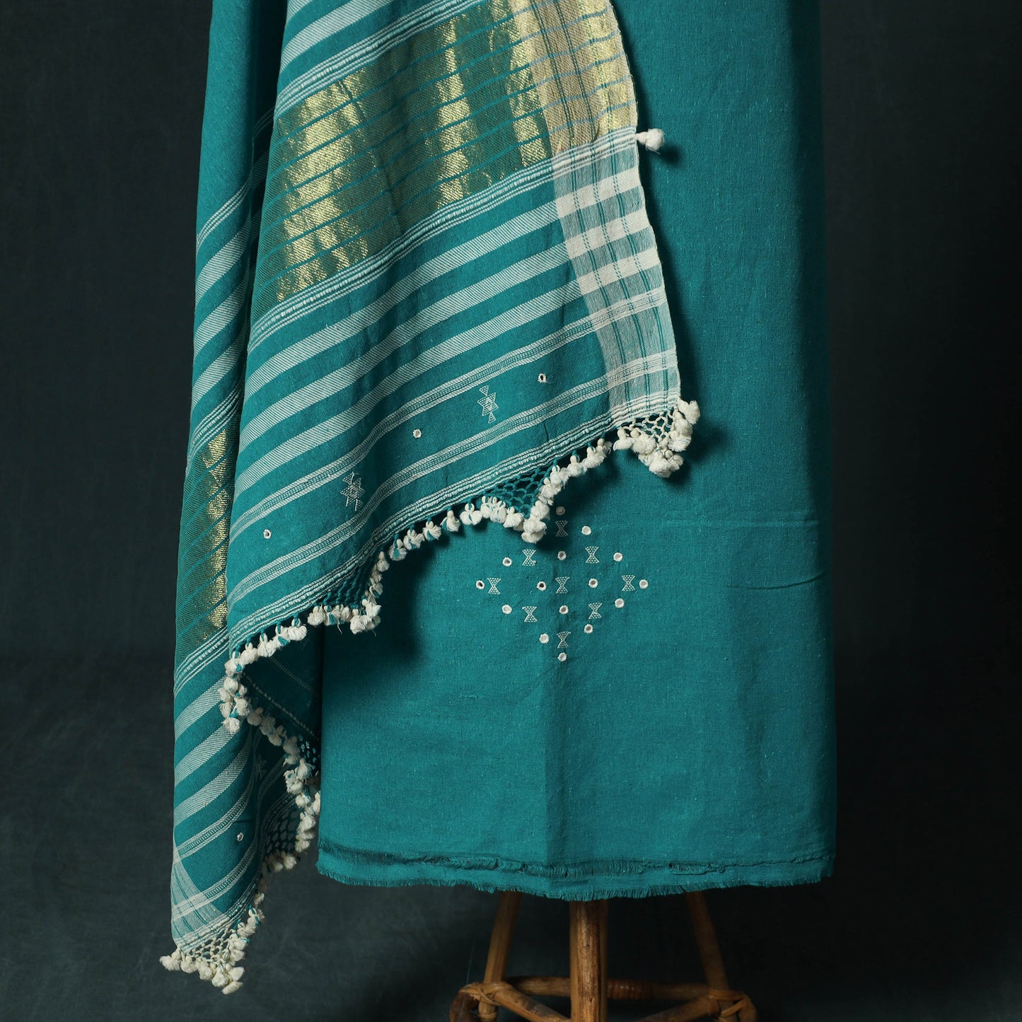 Green - Kutch Bhujodi Handloom Kala Cotton 3pc Unstitched Dress Material Suit Set 01
