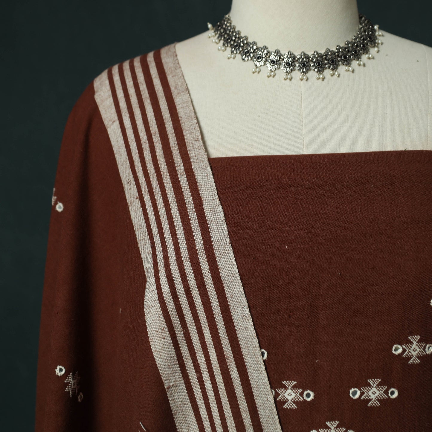 Brown - Kutch Bhujodi Handloom Kala Cotton 3pc Unstitched Dress Material Suit Set 03