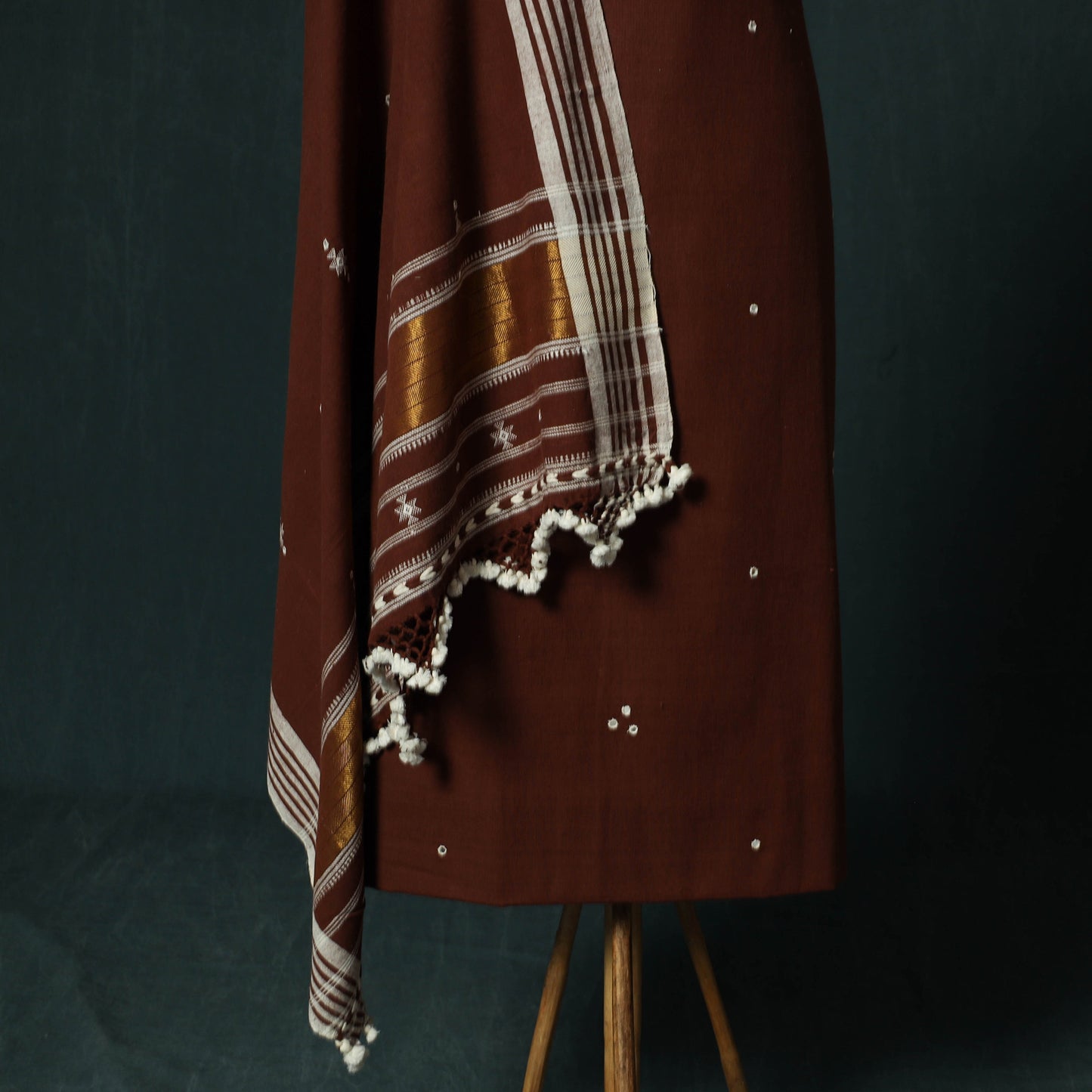 Brown - Kutch Bhujodi Handloom Kala Cotton 3pc Unstitched Dress Material Suit Set 03