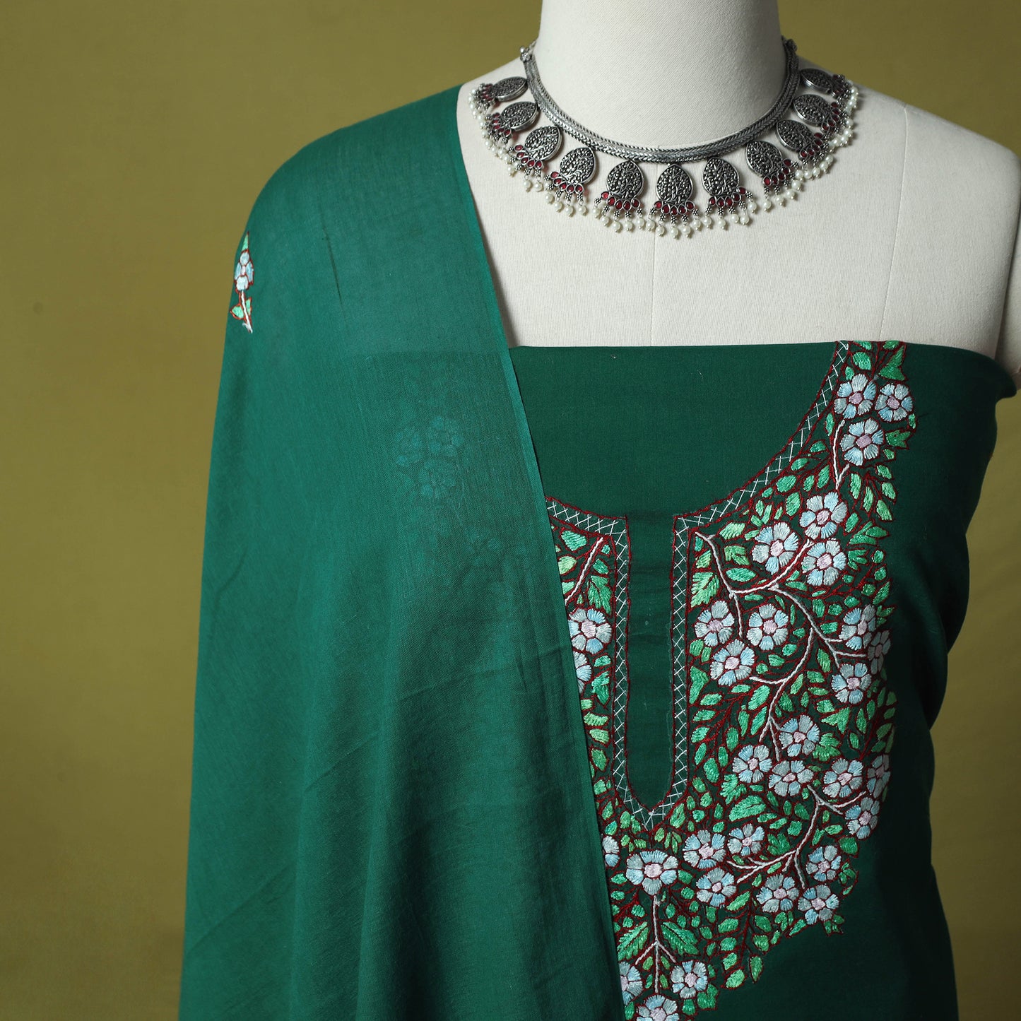 Hand Embroidered Cotton Kashida 3pc Unstitched Dress Material Suit Set 66