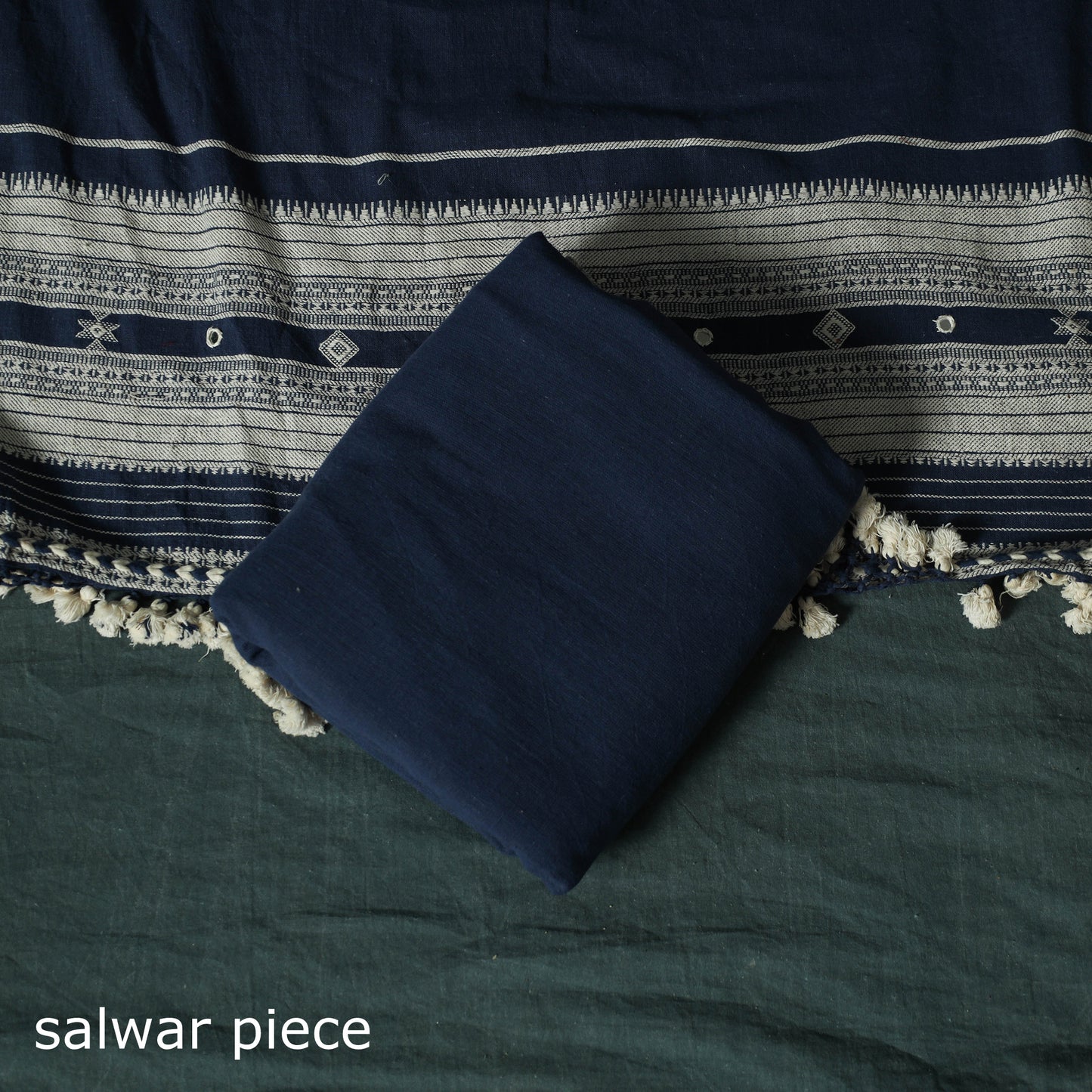Blue - Kutch Bhujodi Handloom Kala Cotton 3pc Unstitched Dress Material Suit Set 04