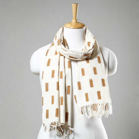 White - Pochampally Central Asian Ikat  Handloom Cotton Stole with Tassels