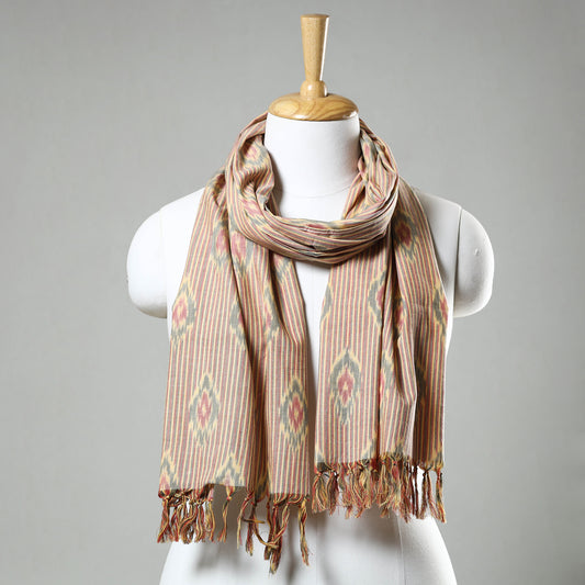 Brown - Pochampally Central Asian Ikat  Handloom Cotton Stole with Tassels