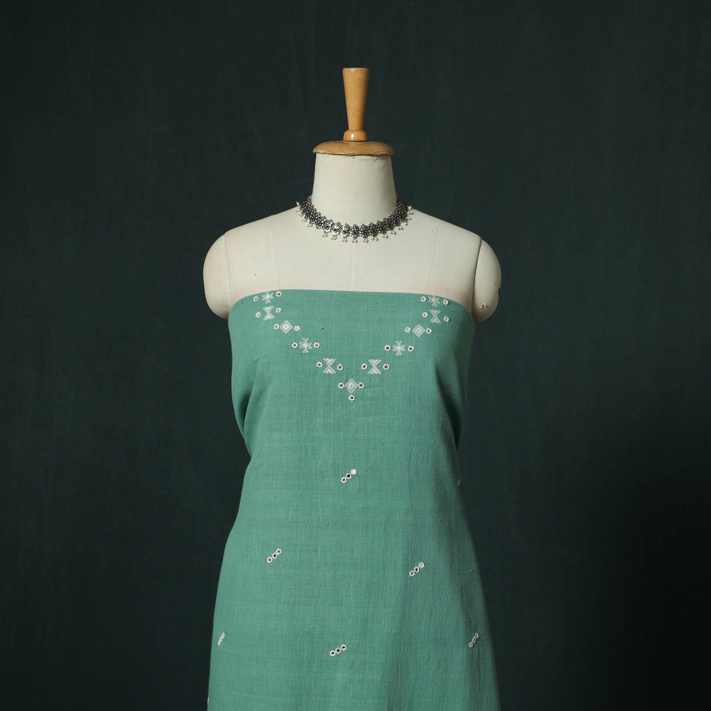 Green - Kutch Bhujodi Handloom Kala Cotton 3pc Unstitched Dress Material Suit Set 05