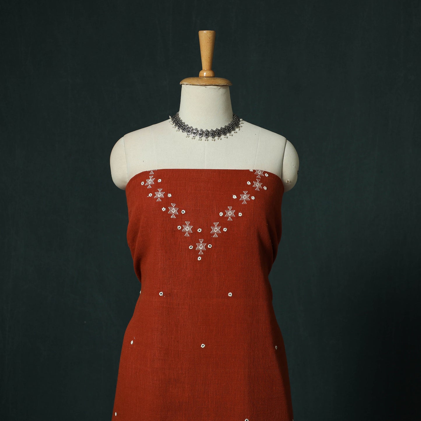 Red - Kutch Bhujodi Handloom Kala Cotton 3pc Unstitched Dress Material Suit Set 06