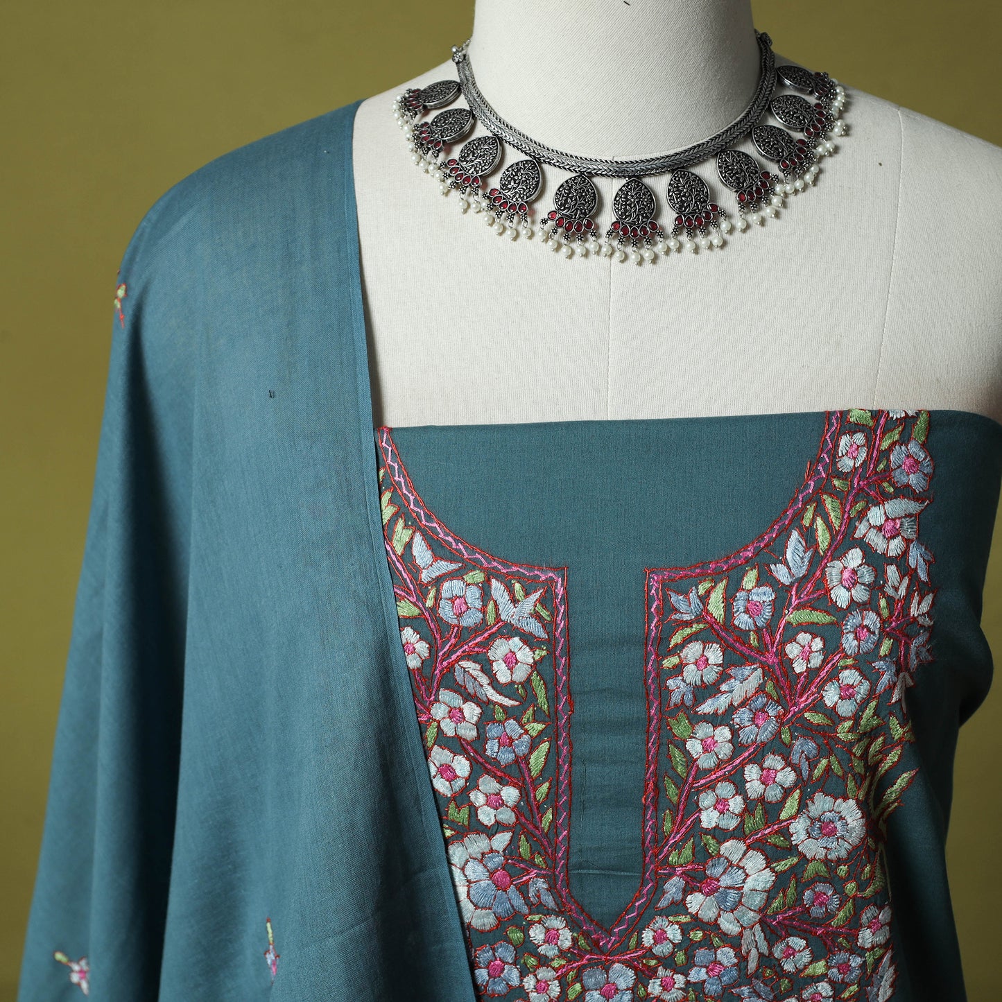 Hand Embroidered Cotton Kashida 3pc Unstitched Dress Material Suit Set 70