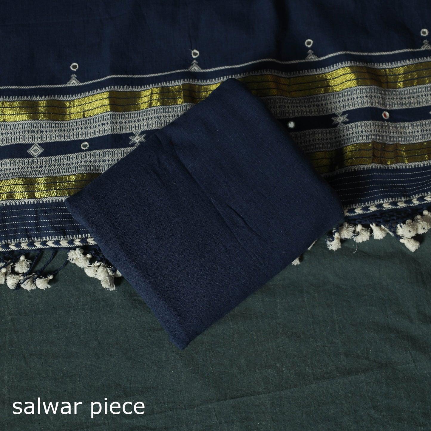 Blue - Kutch Bhujodi Handloom Kala Cotton 3pc Unstitched Dress Material Suit Set 09
