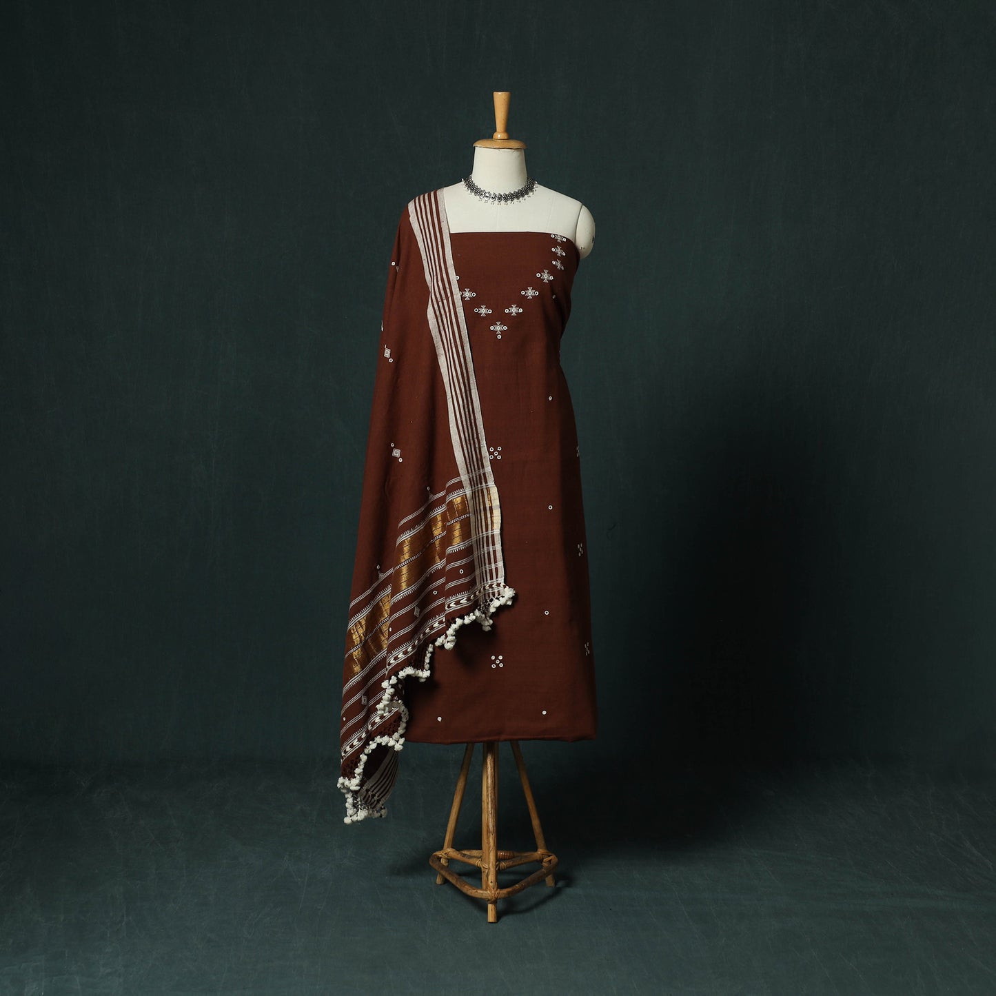 Brown - Kutch Bhujodi Handloom Kala Cotton 3pc Unstitched Dress Material Suit Set 10