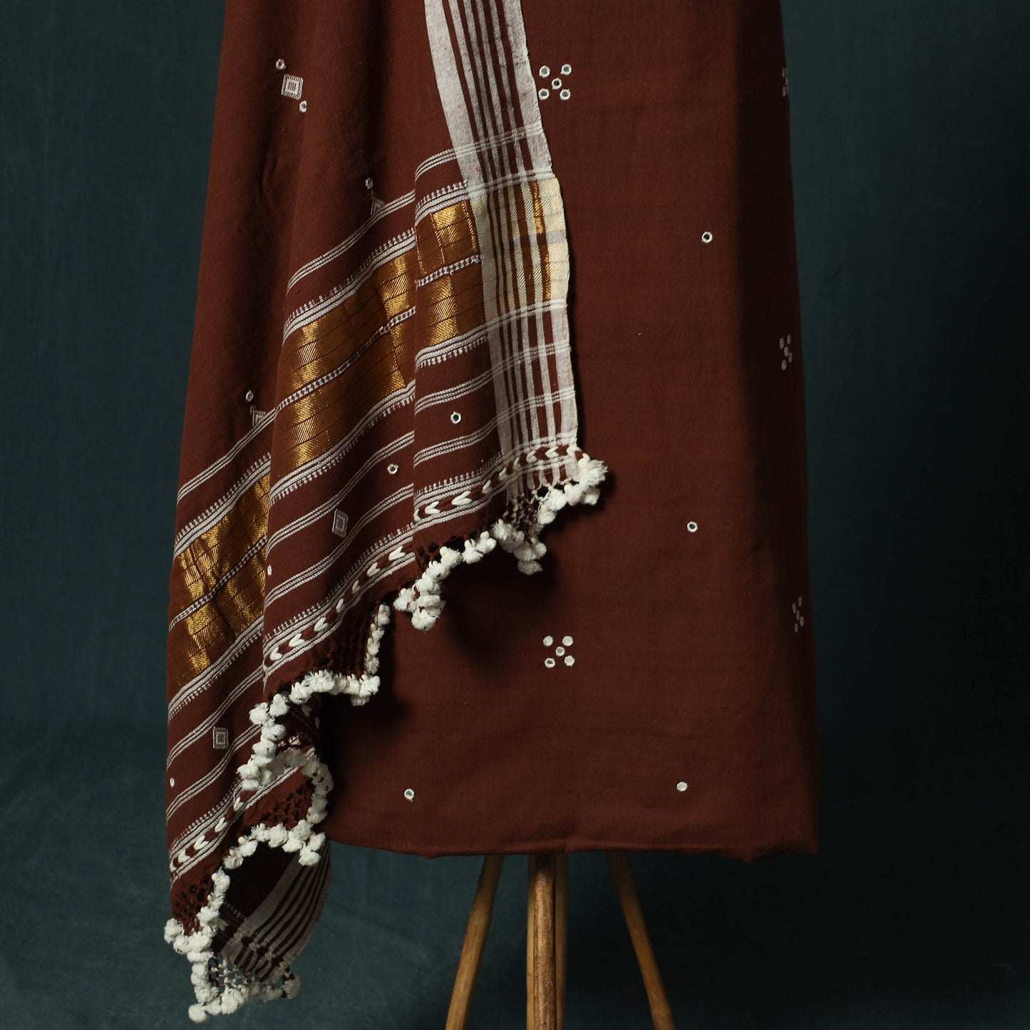 Brown - Kutch Bhujodi Handloom Kala Cotton 3pc Unstitched Dress Material Suit Set 10