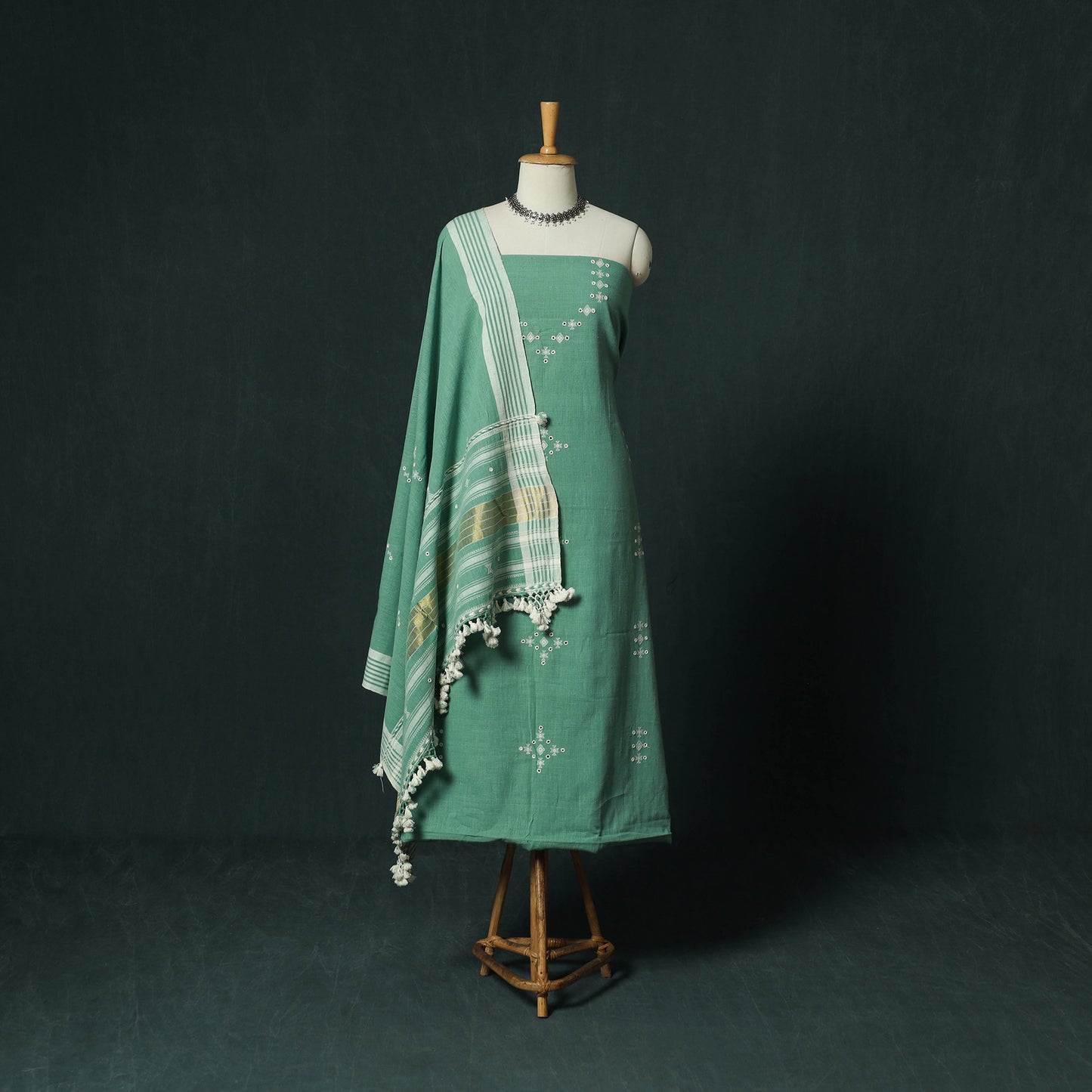 Green - Kutch Bhujodi Handloom Kala Cotton 3pc Unstitched Dress Material Suit Set 11