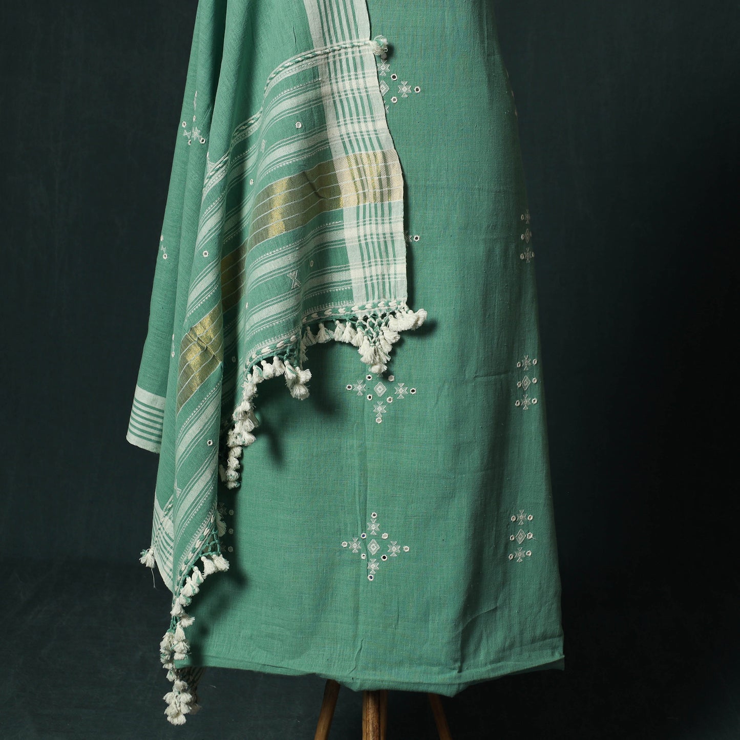 Green - Kutch Bhujodi Handloom Kala Cotton 3pc Unstitched Dress Material Suit Set 11