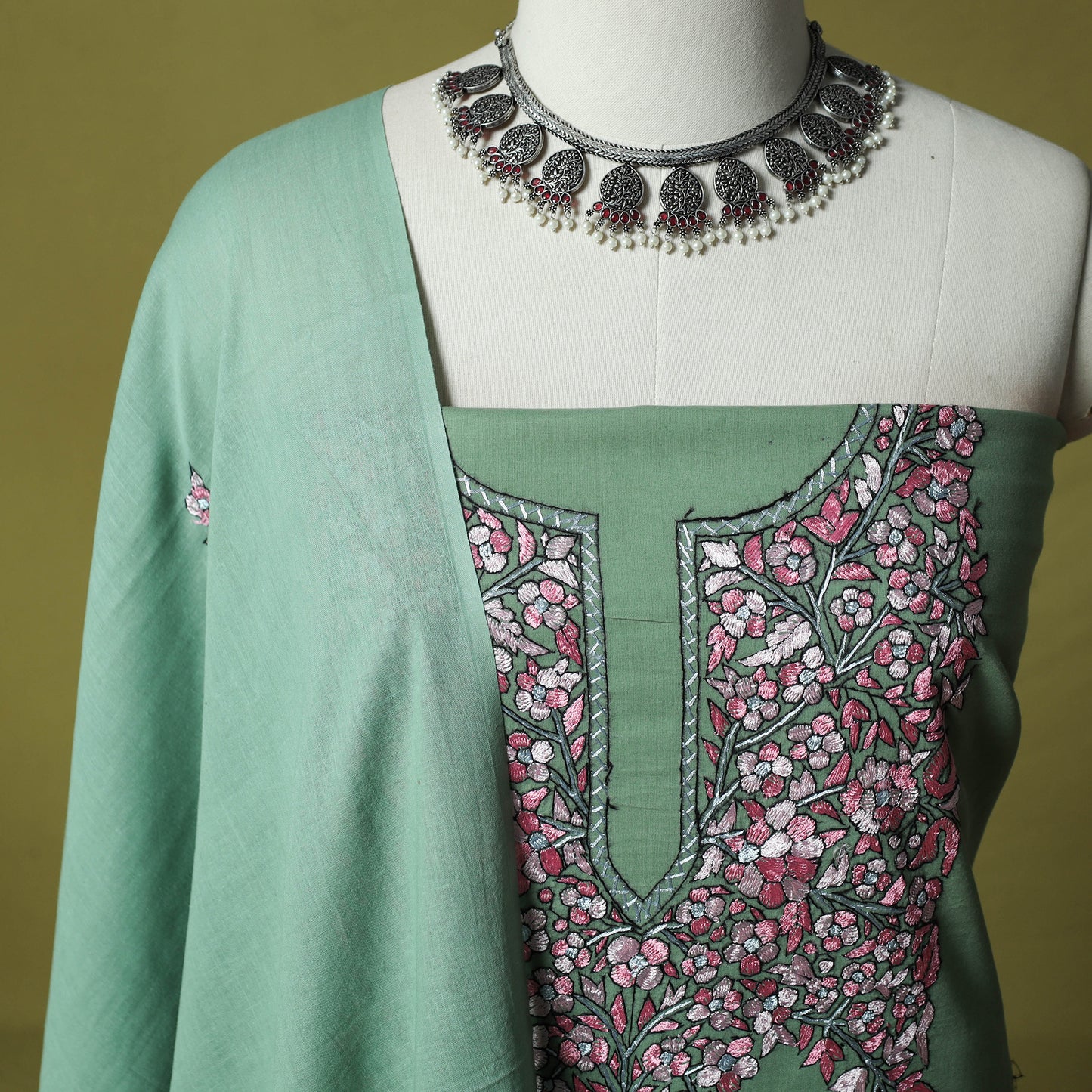 Hand Embroidered Cotton Kashida 3pc Unstitched Dress Material Suit Set 72