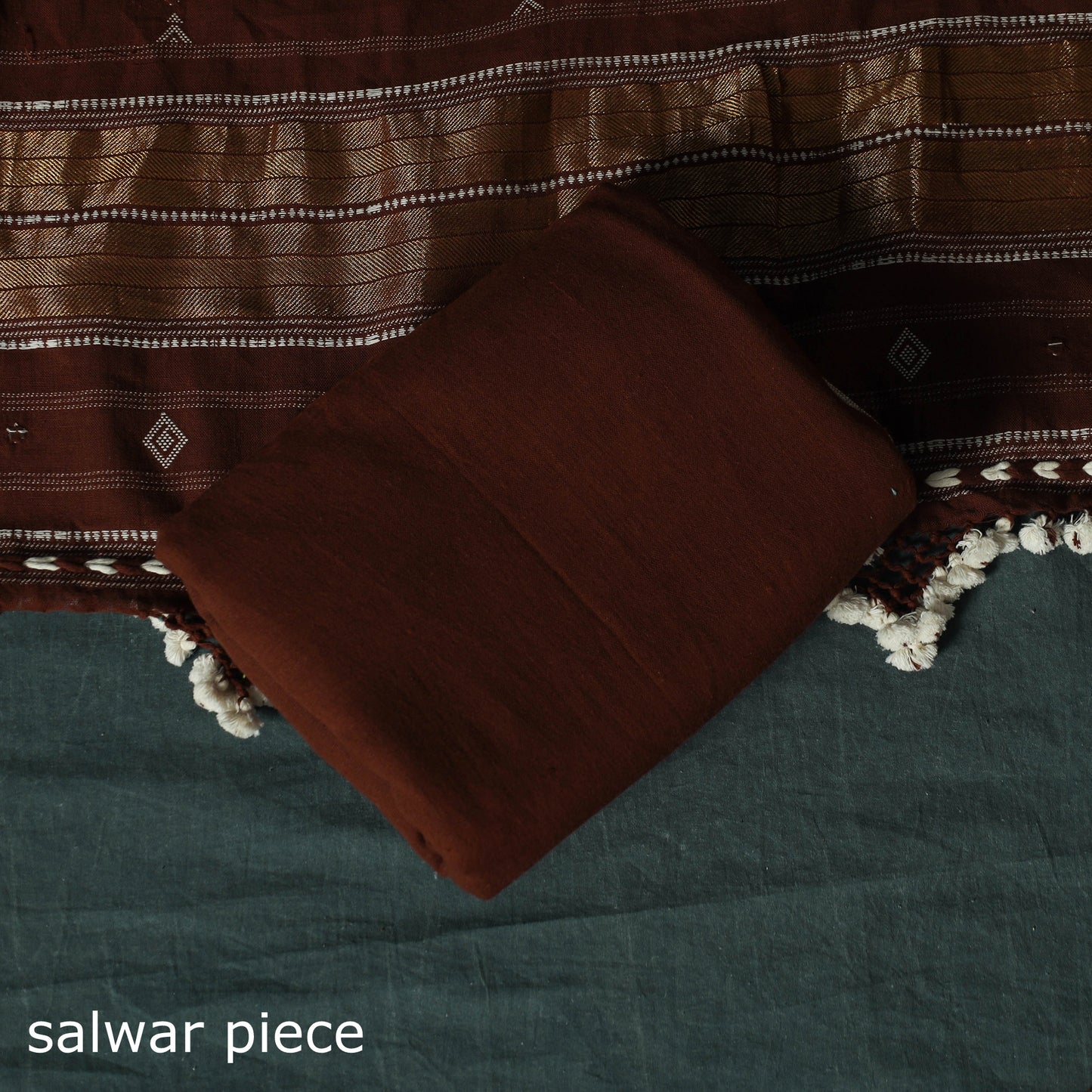 Brown - Kutch Bhujodi Handloom Kala Cotton 3pc Unstitched Dress Material Suit Set 10